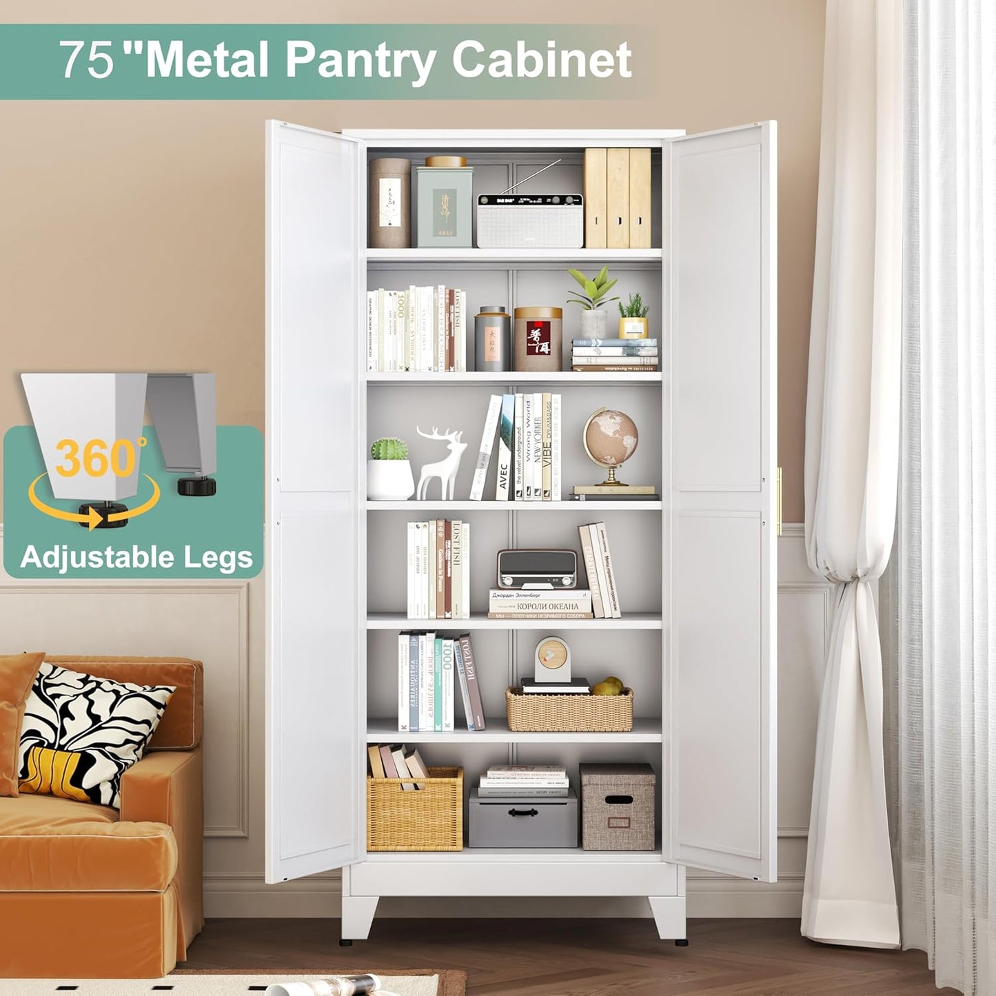 Metal Pantry Cabinet with 2 Doors and 5 Adjustable Shelves, 75" Kitchen Storage cabinets with Gold Handles, Versatile Storage for Laundry Room, Living Room, Bathroom, Dinning Room, Utility Room-White