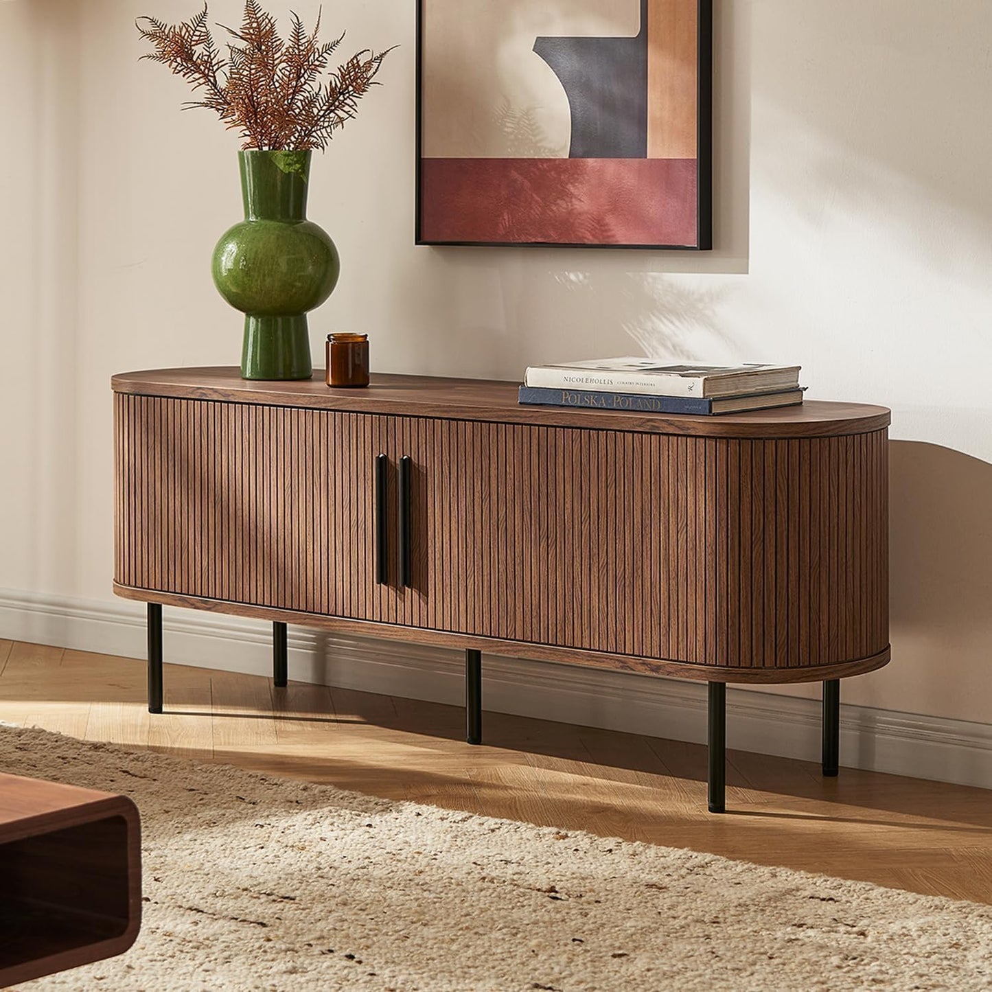 mopio Quin TV Stand, Mid Century Modern for 55/60/65 inch TV, Farmhouse TV Stand, Entertainment Center with Storage, TV and Media Console for Living Room (Walnut, 59" Tambour)