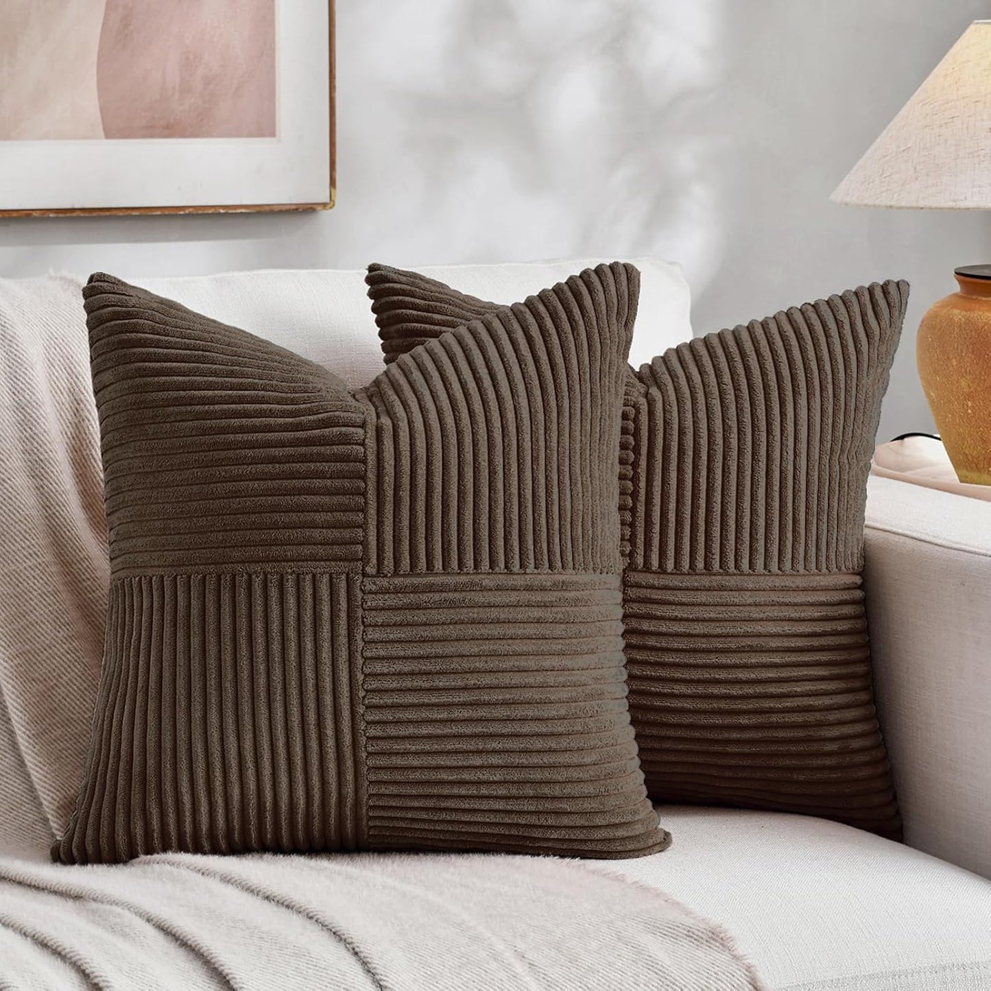 Fancy Homi 2 Packs Dark Brown Decorative Throw Pillow Covers 18x18 Inch for Living Room Couch Bed Sofa, Rustic Farmhouse Boho Home Decor, Soft Corss Corduroy Patchwork Textured Cushion Case 45x45 cm