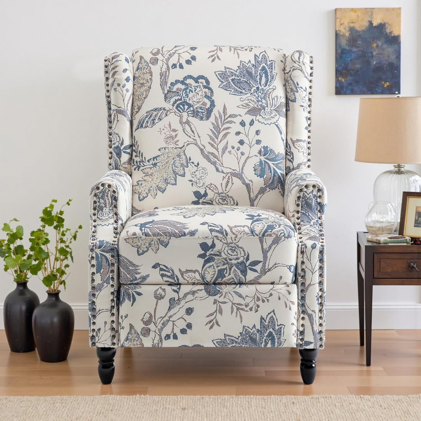 UIXE Floral Pushback Recliner Chairs Set of 2, Fabric Upholstered Armchair Push Back Accent Chair for Living Room, Rivet Trim Club Chair Home Theater Single Sofa Reading Seat - Blue Plants