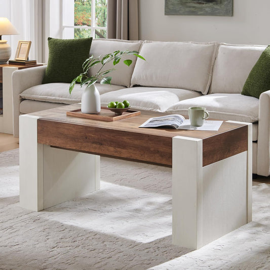 OKD 48" Modern Farmhouse Coffee Table, Wooden Living Room Table with Hidden Storage Drawer, Rustic Rectangular Center Tables with Wood Thick Design for Living Room, Office, Antique White