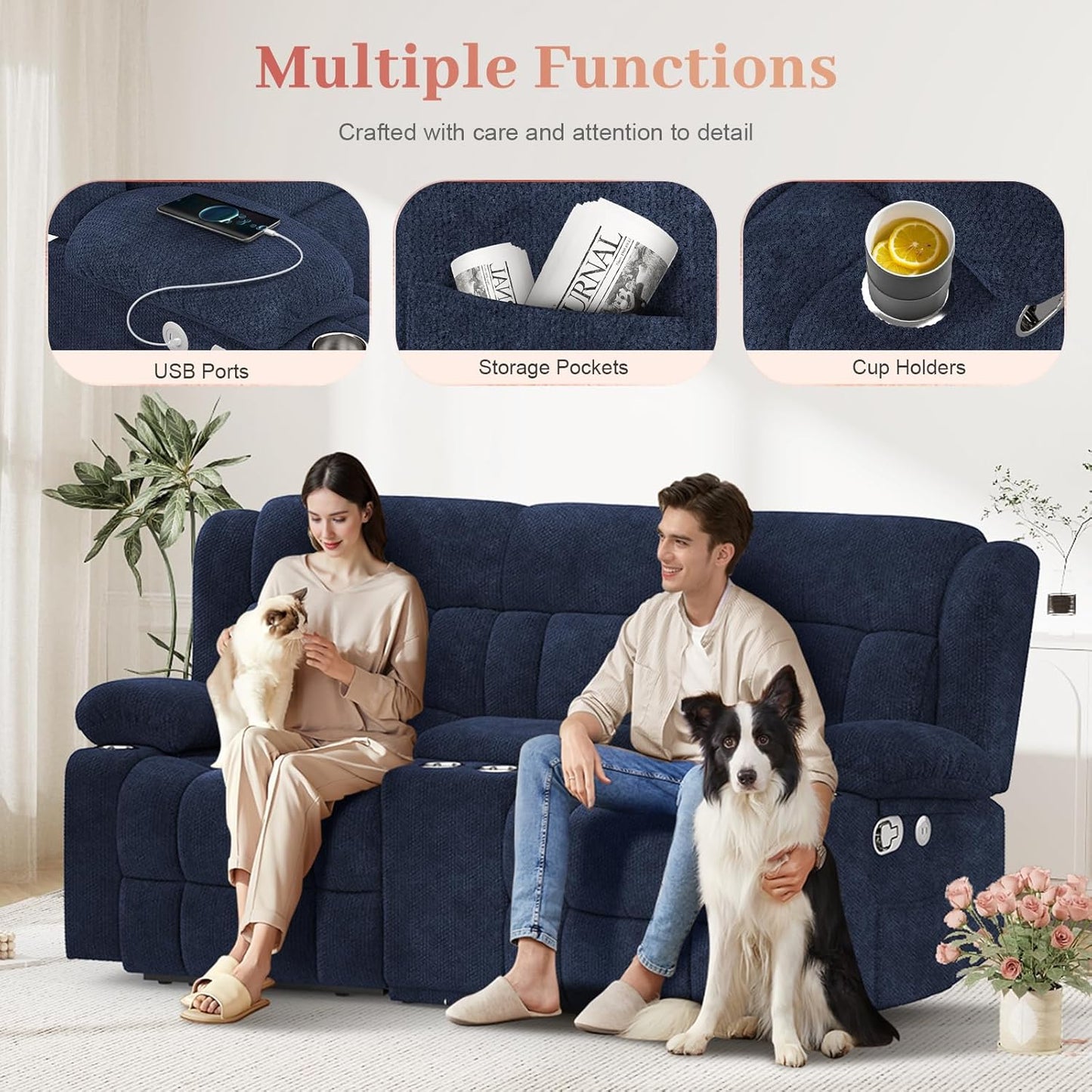 Loveseat Recliner Sofa, 2 Seater Curved Sofa for Living Room, Fabric Manual Pull Tab Reclining Loveseat with Storage Console, Recliner Loveseat Couches with USB Charge Ports, Cup Holders, Blue