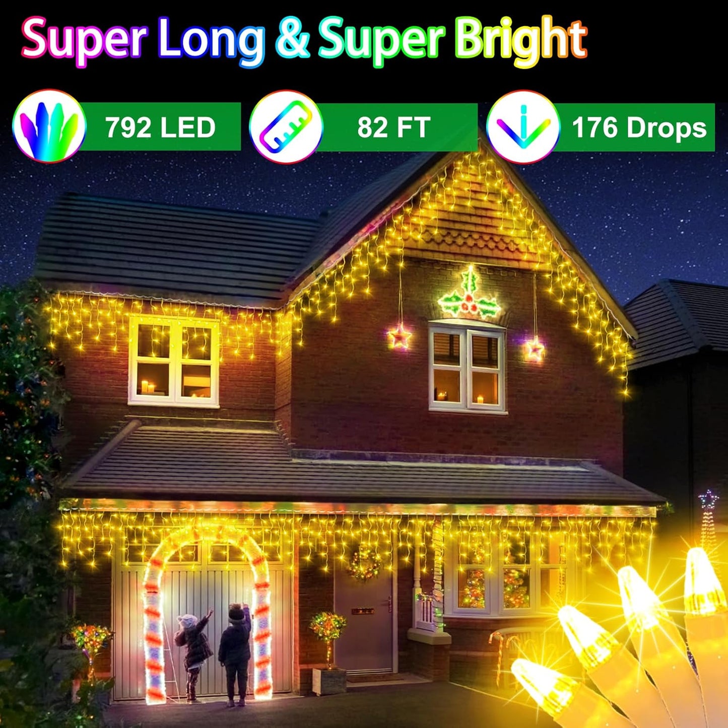 792 LED Christma Lights with 176 Drops, 82ft Outdoor Hanging lights with 8 Modes & Timer Memory, Outsite Waterproof Curtain String Lights for Front House Fence Tree Holiday Decorations Warm White