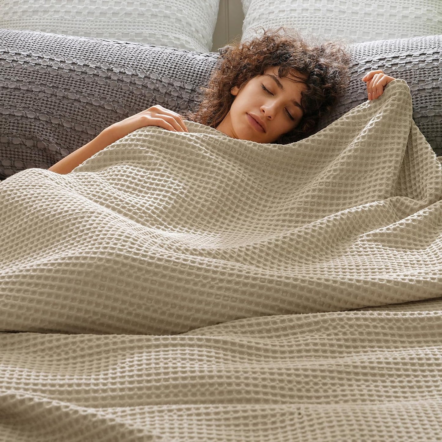 PHF Ultra Soft Waffle Weave Blanket King Size 104"x 90"- Washed Lightweight Breathable Cozy Woven Blanket for Bed - Aesthetic Decor for Couch Bedding Sofa Home Car - Khaki
