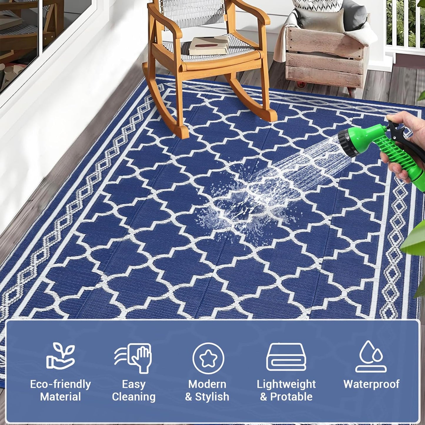 GAOMON Outdoor Rug for Patio 5'x8' Reversible Plastic Rugs Camping Mat for Outdoor, RV, Backyard, Deck, Balcony, Picnic, Beach, Navy/White(Geometric)