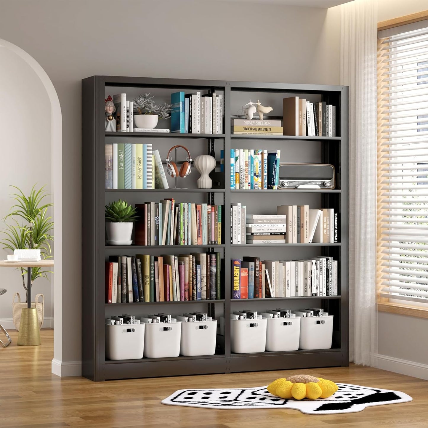 5-Tier Industrial Bookshelf, Black Bookcases and Bookshelves,Tall Metal Bookshelf Storage Organizer,Freestanding Book Shelf for Living Room,Home Office (Black, Shelf-2)