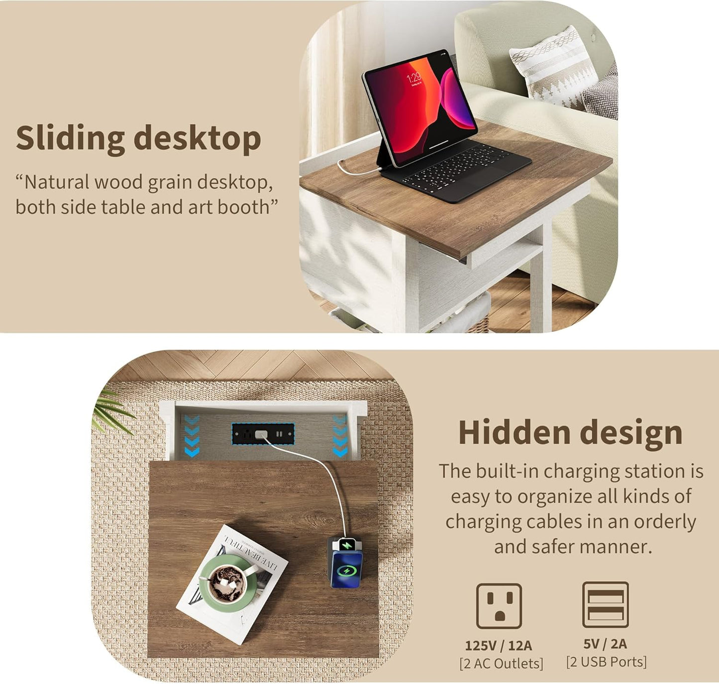 Rresyet Sliding Side Table with Charging Station & 2-Tier Storage,Farmhouse End Table, Wooden Nightstand for Bedroom & Living Room,White