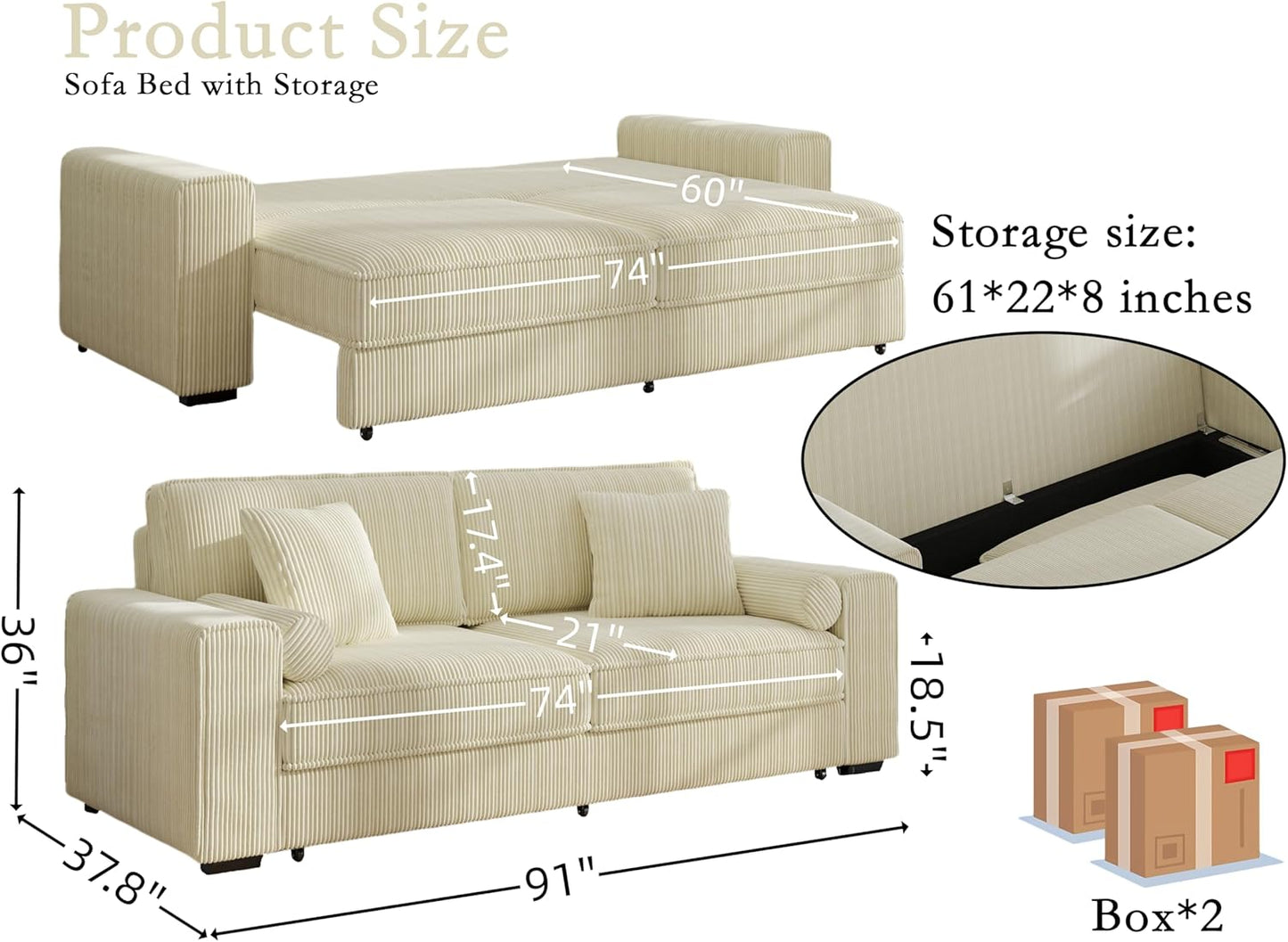 91-Inch Corduroy Pull Out Couch with Storage, Convertible Queen Sleeper Sofa with Pull Out Bed, Hide a Bed Couches for Bedroom, Guest Room, Apartment, Small Places, RV (Beige)