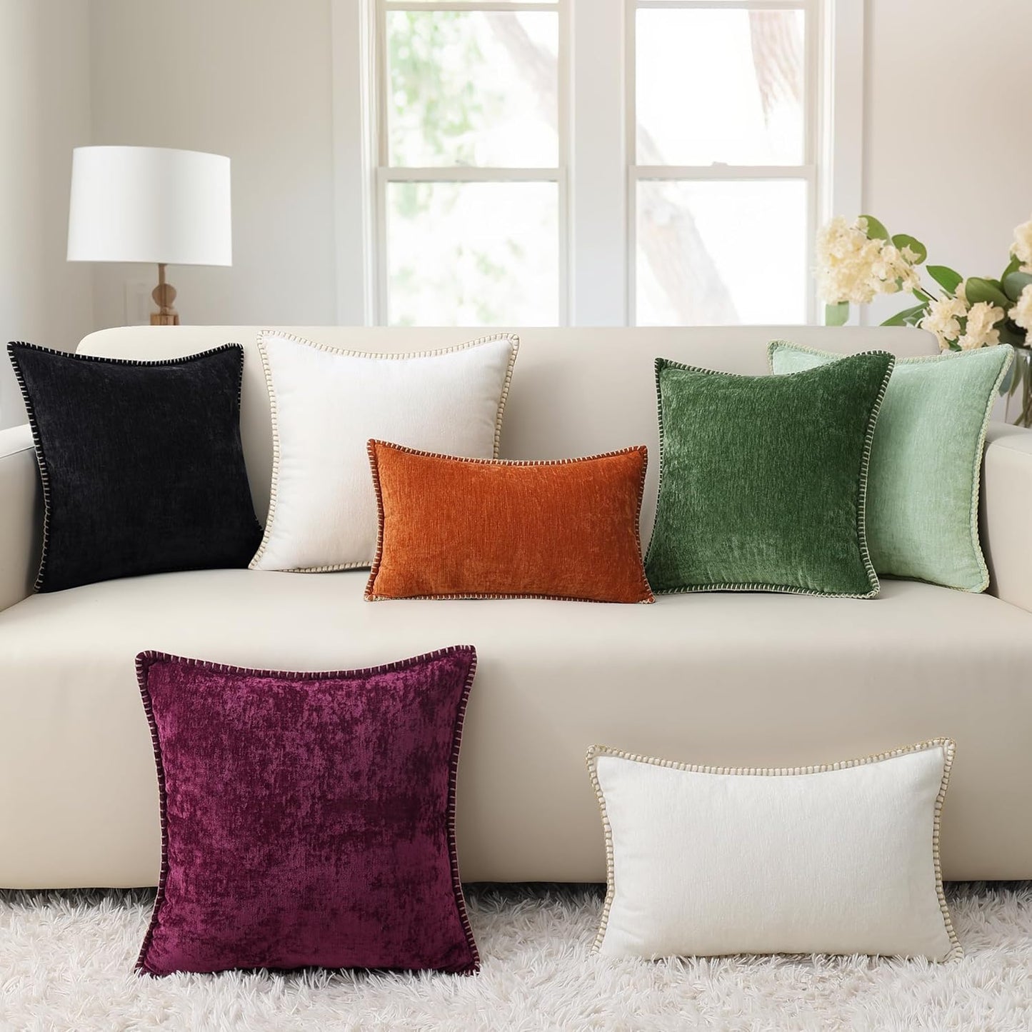decorUhome Chenille Soft Throw Pillow Covers 16x16 Set of 2, Farmhouse Velvet Neutral Decorative Euro Pillow Covers with Stitched Edge for Couch Sofa Bed Home Decor, Black