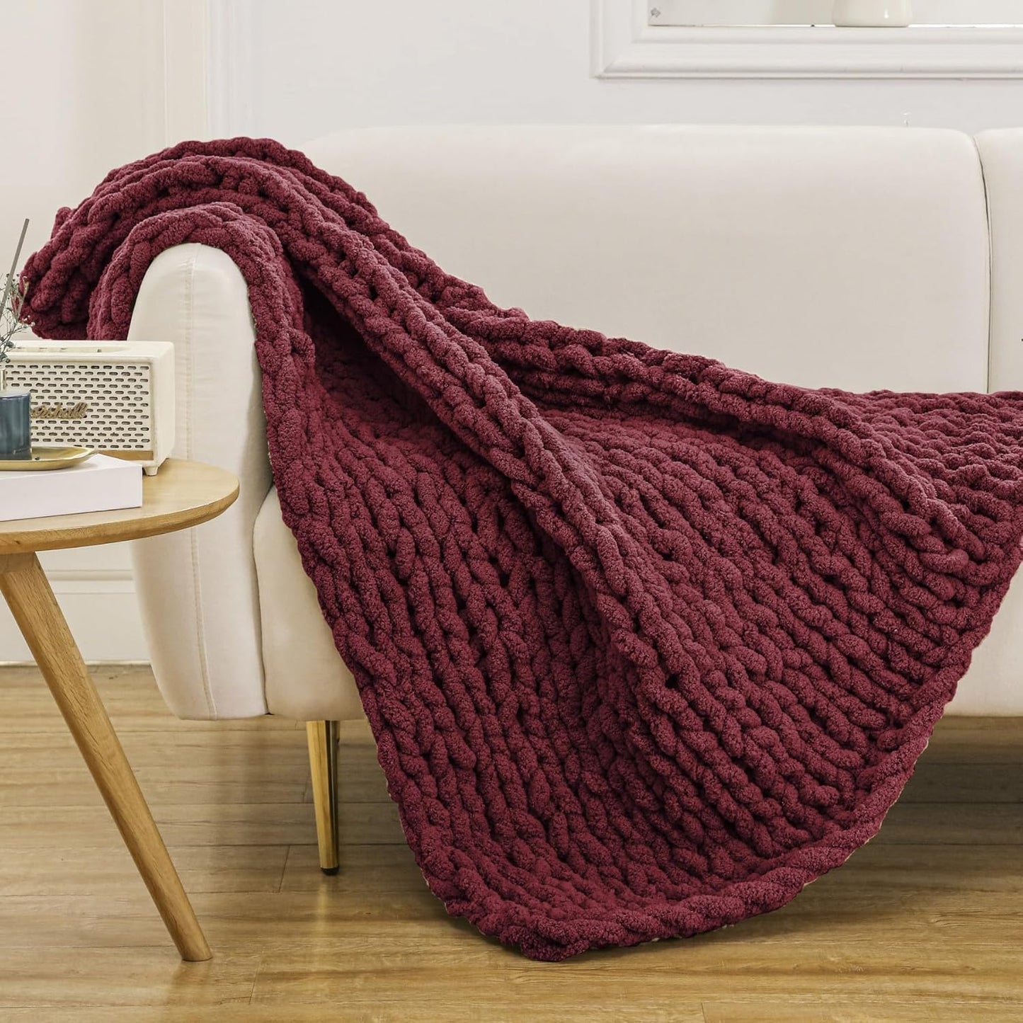 WESHIONGOO Chunky Knit Blanket Throw 40"×40" Knitted Throw Blankets for Couch Bed Fluffy Soft Blanket with Jumbo Chenille Yarn Thick 100% Handmade (Burgundy Red)