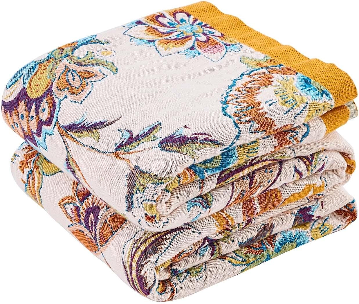 Boho Throw Blanket for Bed, 100% Cotton Soft Rustic Quilt Fall Blanket, 80"x90" Floral Printed Farmhouse Decor Bed Blankets, All Season Rustic Reversible Bohemian Throw Quilt