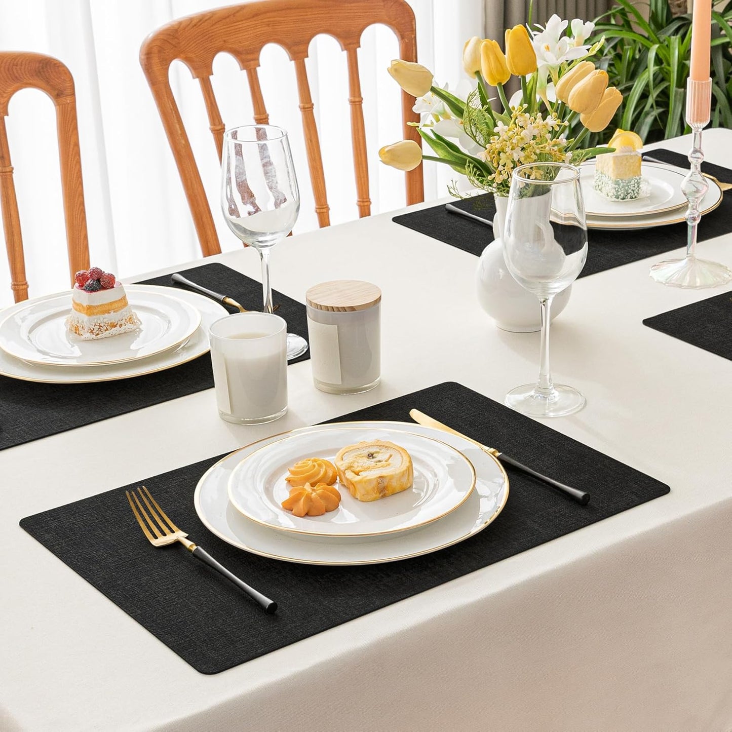 Romanstile Vinyl Placemats Set of 12-12 X 18 Inch - Heat Resistant Place Mats 100% Waterproof Oilproof Wipeable Reversible Faux Leather Table Mats for Kitchen/Dining/Party/Outdoor, Black