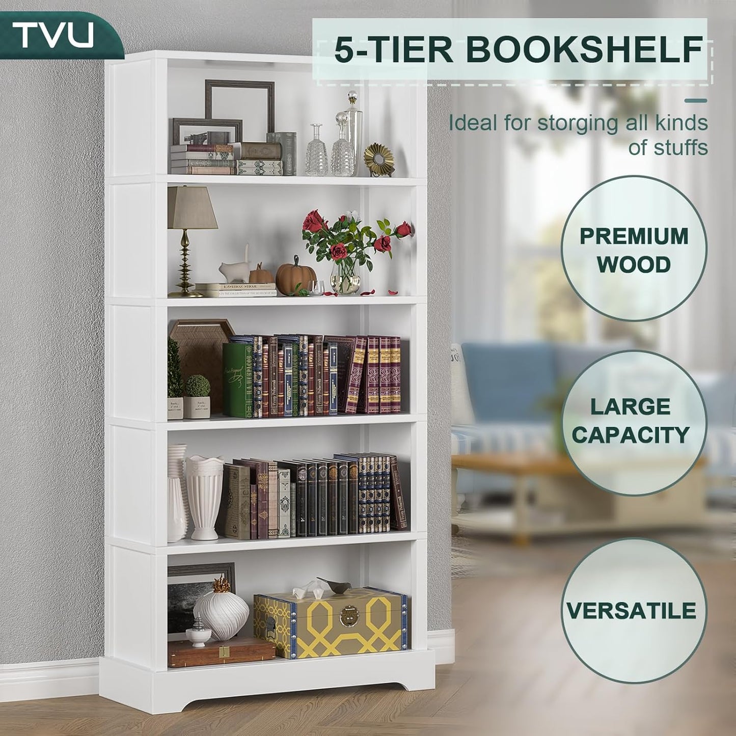 TVU 5-Shelf Wood Bookcase, 65 Inch Tall Bookshelf with Storage, Floor Standing Display Book Shelf，for Living Room Bedroom Study Office, White