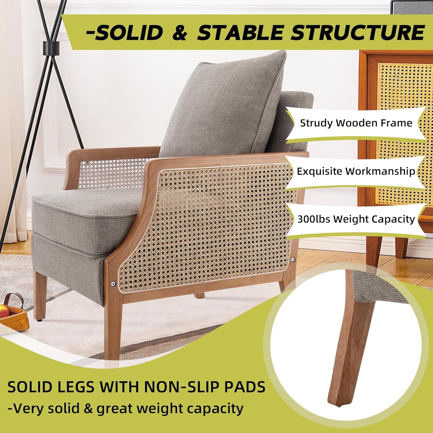 HAOBO Home Mid Century Modern Accent Chair Upholstered Living Room Chairs Armchair with Rattan Armrest Comfy Reading Chair with Wood Frame Lounge Side Chair with Waist Cushion