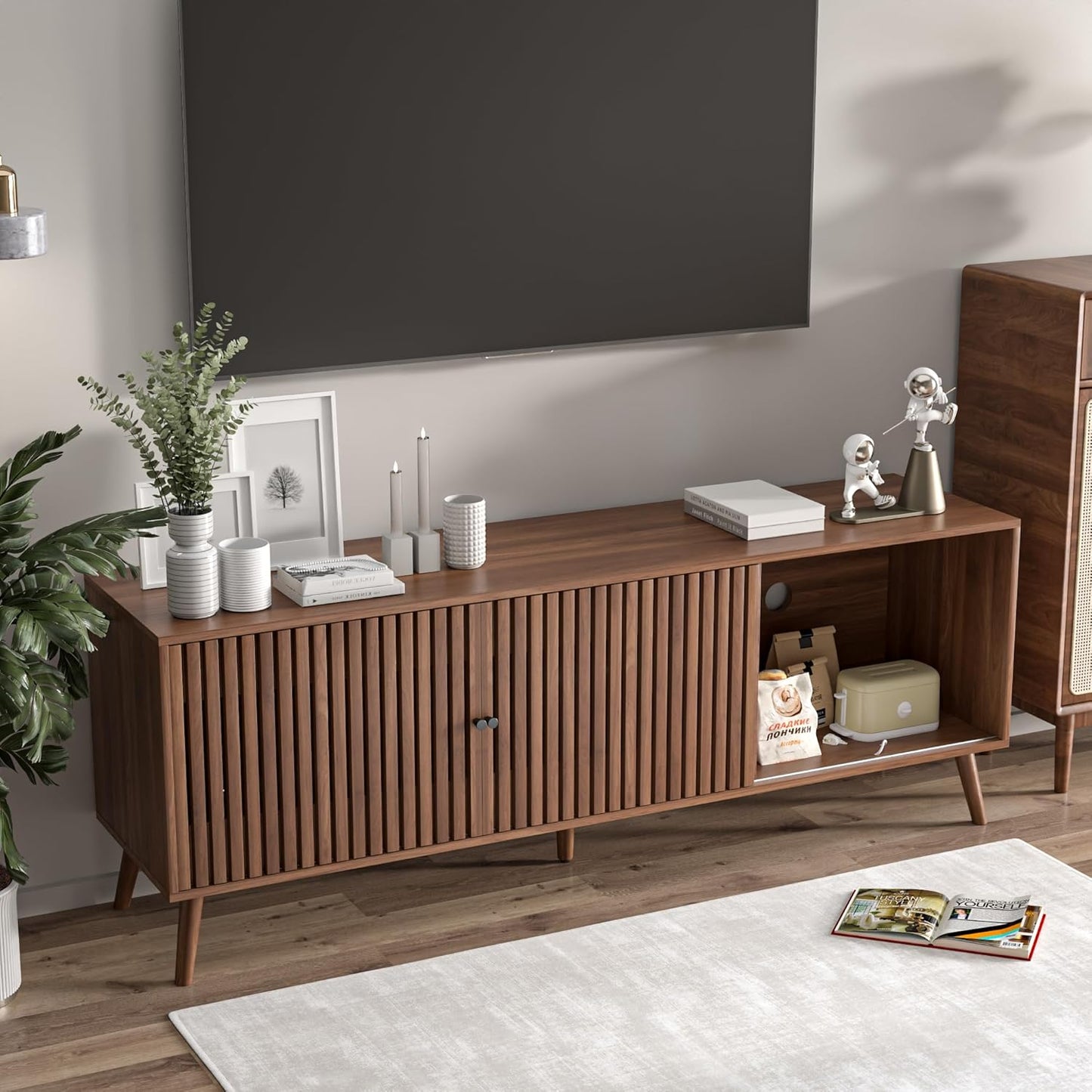 Mid Century Modern TV Stand for Televisions up to 70 Inches, with Sliding Doors and Storage, Television Stands, TV Consoles, Media Consoles for Living Room, 63 Inch (Walnut)
