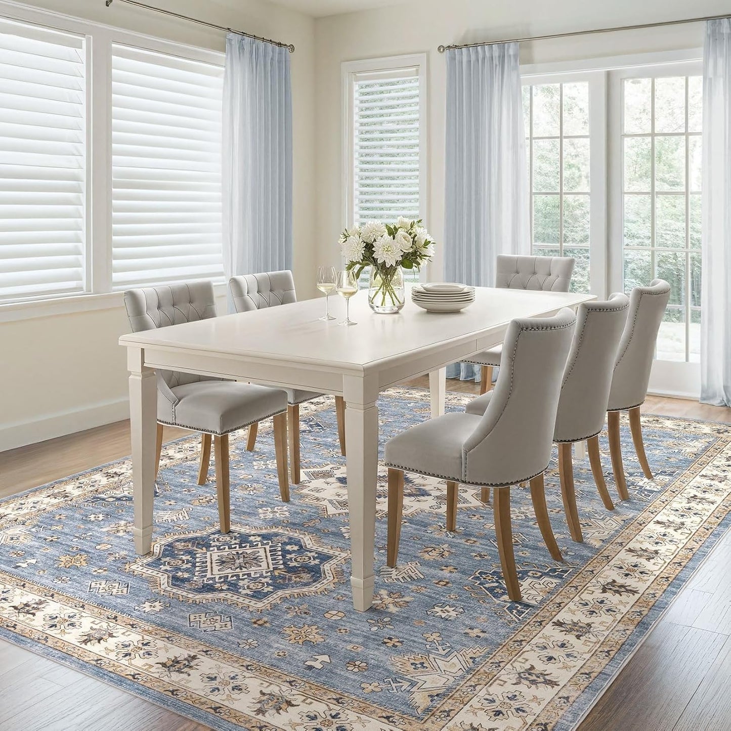 Washable Area Rugs for Living Room - 5x7 Neutral Vintage Distressed Floral Farmhouse Boho Large Soft Floor Rug Indoor Non Slip Carpet for Living Room Bedroom Dining Room Office - Blue