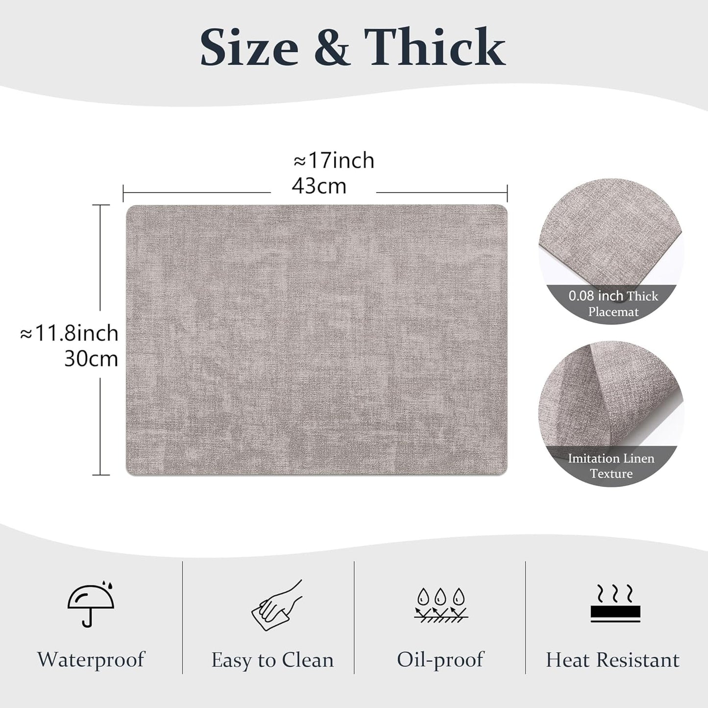 FROMHEART Faux Leather Placemats Set of 12–Waterproof,Heat/Oil Stain-Resistant PU Table Mat–Reversible,Non-Slip,Easy to Clean Place Mats for Kitchen,Dining,Indoor/Outdoor,(Light Grey,11.8" x 17")