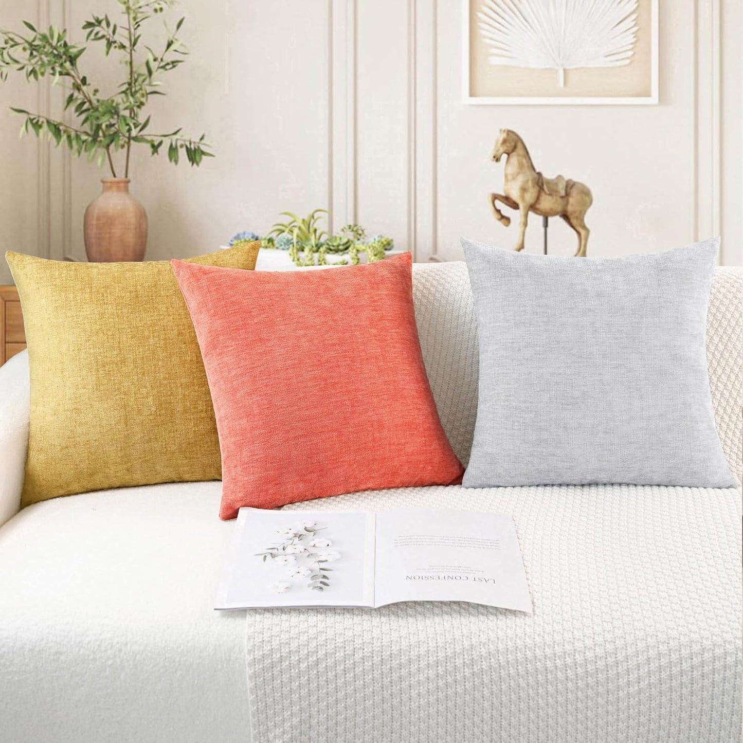 CaliTime Throw Pillow Covers Decorative 22 X 22 Inches Pack of 2 Cozy Chenille Cushion Cases for Couch Sofa Bed Living Room Home Living Coral