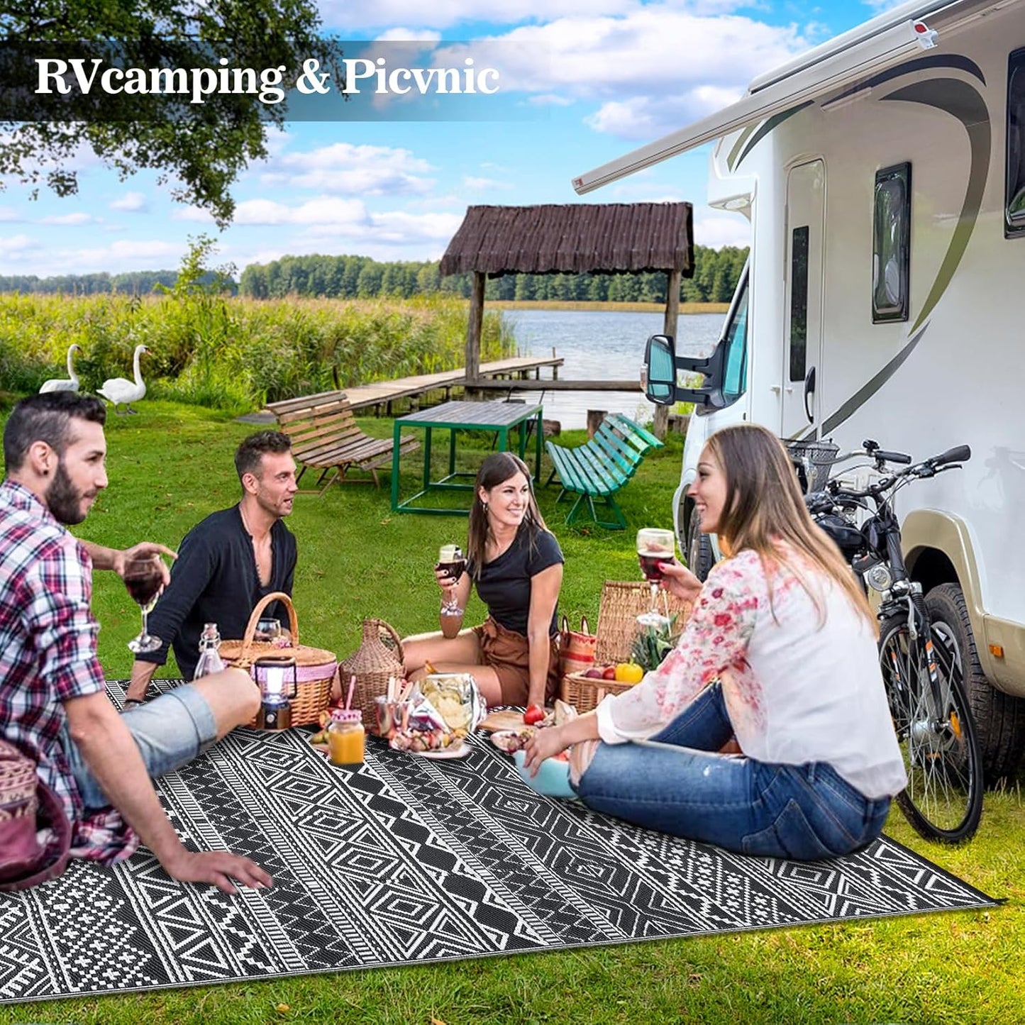 GAOMON Outdoor Rug Waterproof 8'x10', Reversible Outdoor Plastic Straw Rug, Boho Patio Rug, Indoor Outdoor Carpet, RV Mat Outside for Patio, Camp, Picnic, Balcony, Deck, Black/White(Bohemia)