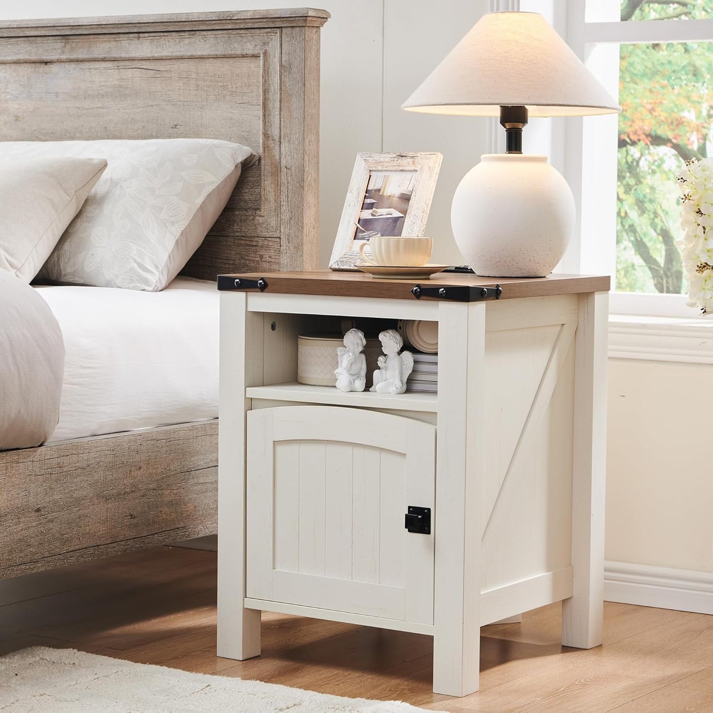 OKD Nightstand with Charging Station Set of 2, 18 Inchs Farmhouse End Table with Adjustable Storage Shelf, Rustic Wood Sofa Side Table for Bedroom