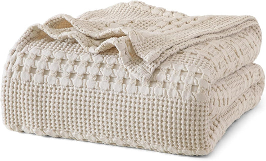 PHF 100% Cotton Waffle Weave Blanket Twin Size, Soft Lightweight Breathable Cozy Summer Blankets for Bed, Luxury Aesthetic Woven Bedding for Home Decor, 66"x90", Oatmeal