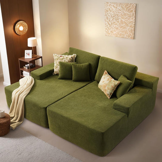 ovios 81" Oversized Sectional Double Lounge Chaise with Cloud Plush Sofa Bed, No Assembly Required, Fluffy Modern Sleeper Loveseat Chair for Indoor Living Room Bedroom Reading, Green (Cloud Velvet)