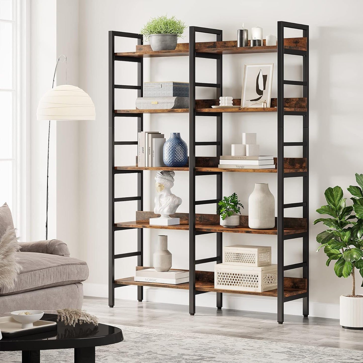 Tribesigns 5-Tier Industrial Bookshelf, 71”H x 47”W Etagere Bookcase, Freestanding Double Wide Book Shelf for Storage and Display, Wood and Metal Bookshelves for Living Room Home Office, Rustic Brown