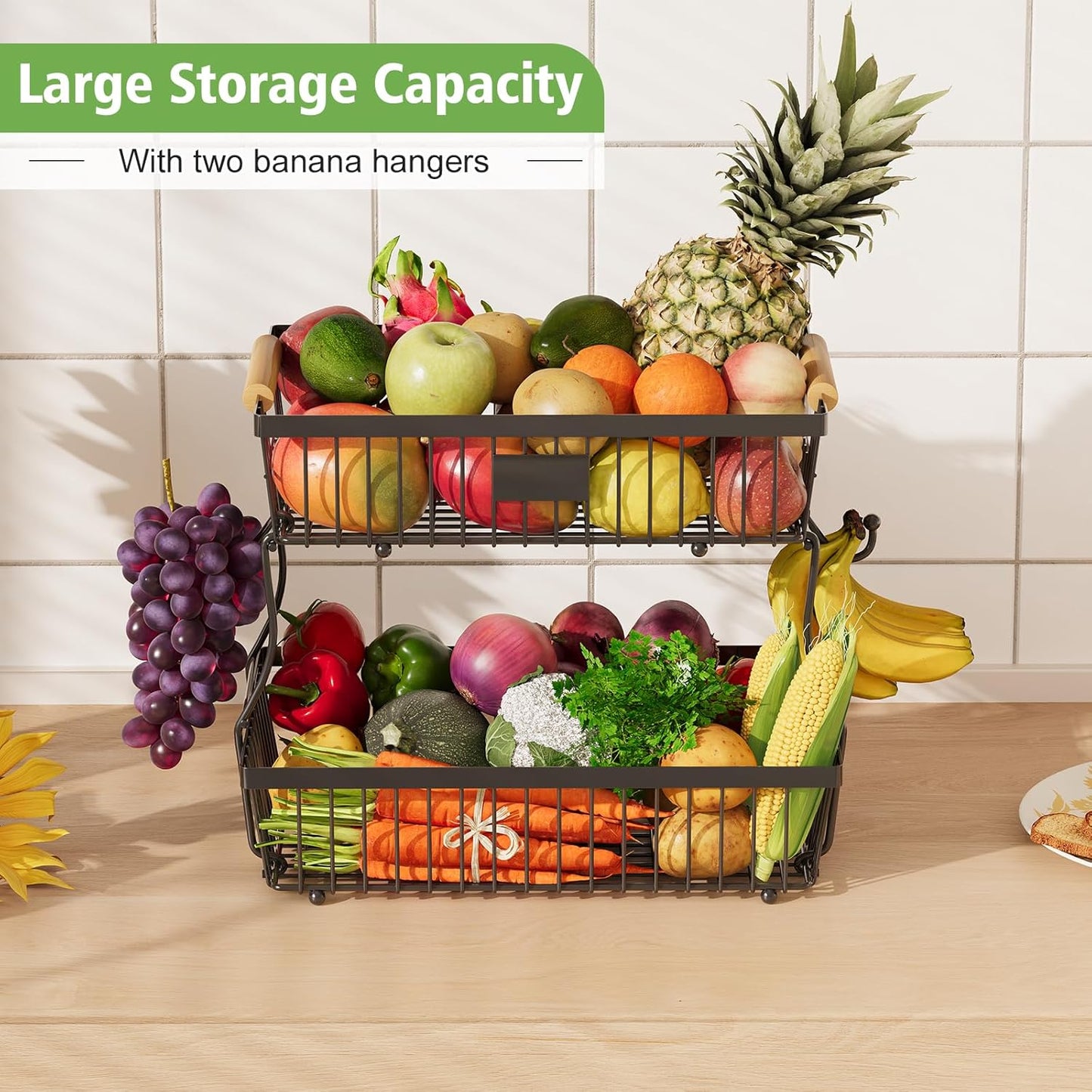 2 Tier Fruit Basket for Kitchen Counter with 2 Banana Hangers, Countertop Metal Fruit Bowl with Wooden Handle, Large Storage Stand for Vegetables, Snacks, Breads, Produce Storage – Black