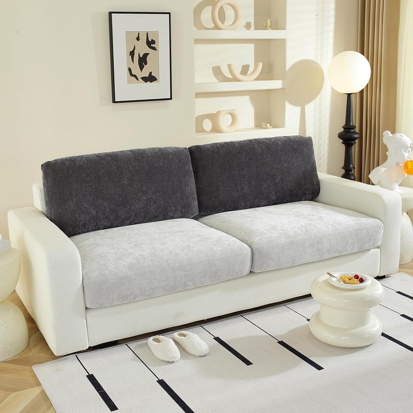 Large Backrest Cushion Covers Super Stretch Backrest Covers for 2 Cushion Couch Sofa, Couch Back Cushion Covers Featuring with Chenille Yarn (Softer Version, 2PC, Dark Grey)