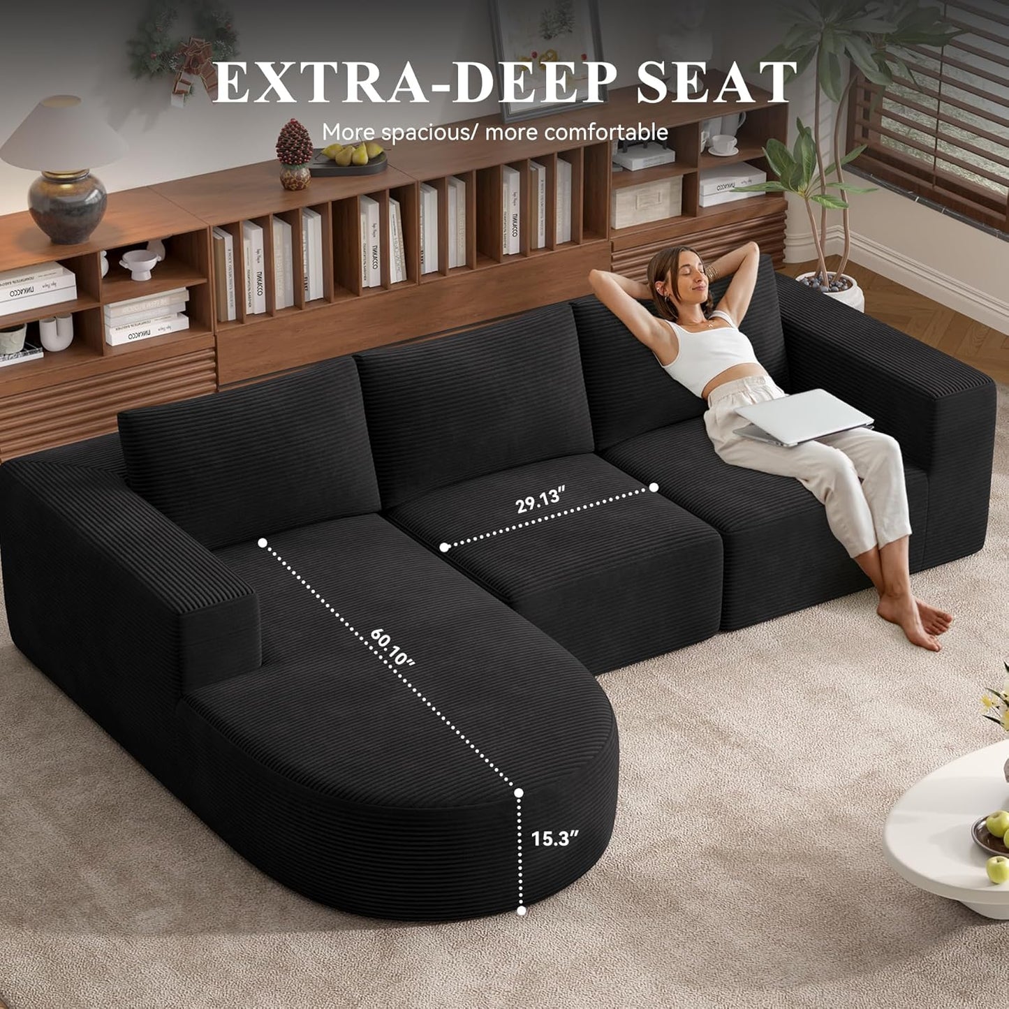 Modular Sectional Sofa with L-Shape Chaise,Cloud Sectional Modern Sleeper Couch with Deep Seat,Sponge Compression Sofas No Assembly Required (Black-Corduroy Fabric) 1PCS