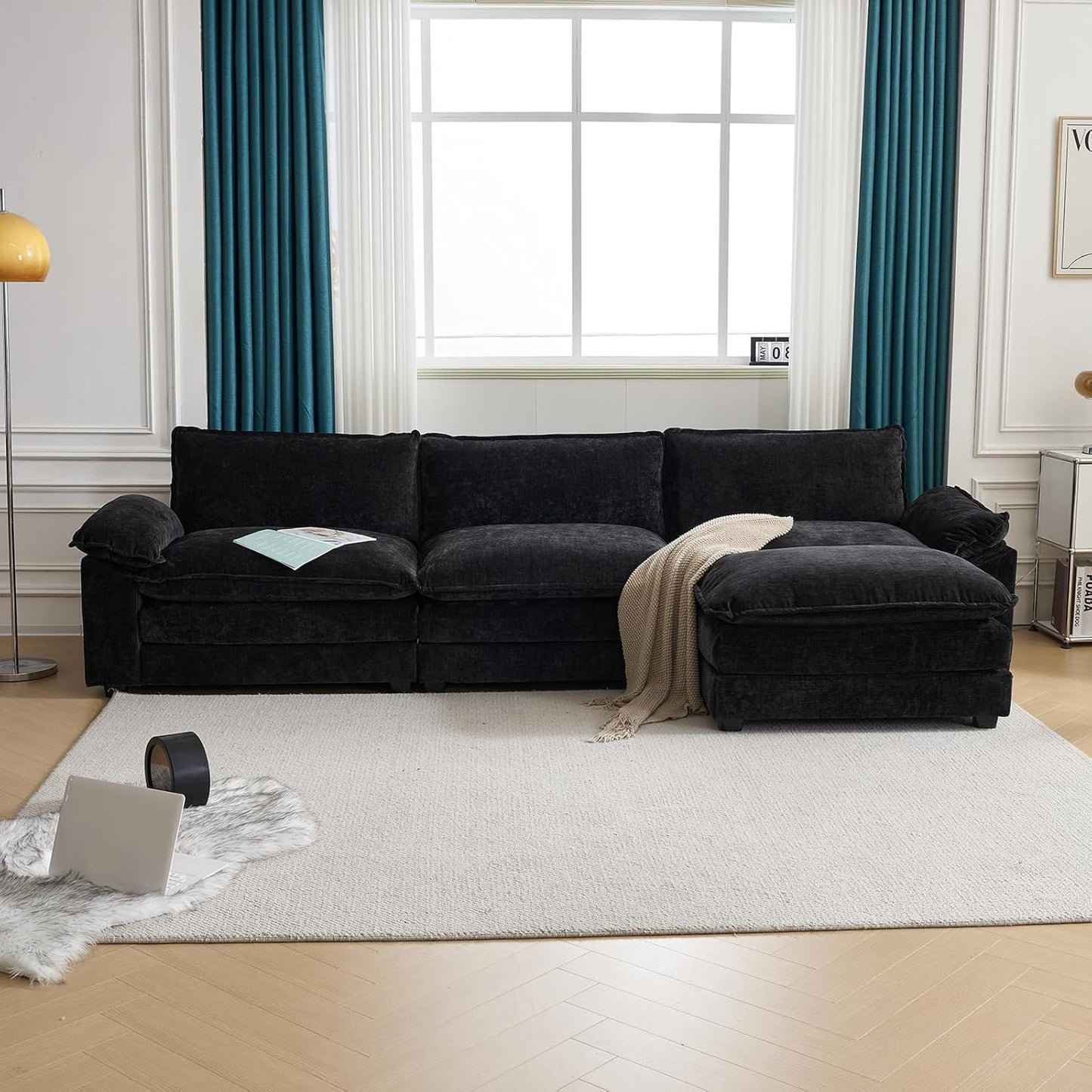 Karl home Sectional Sofa Modular Deep Seat Sofa Couch with Ottoman, Chenille Sofa Sleeper Comfy Upholstered Furniture for Living Room, Apartment, Studio, Office, (3-Seat & 1-Ottoman, Black)