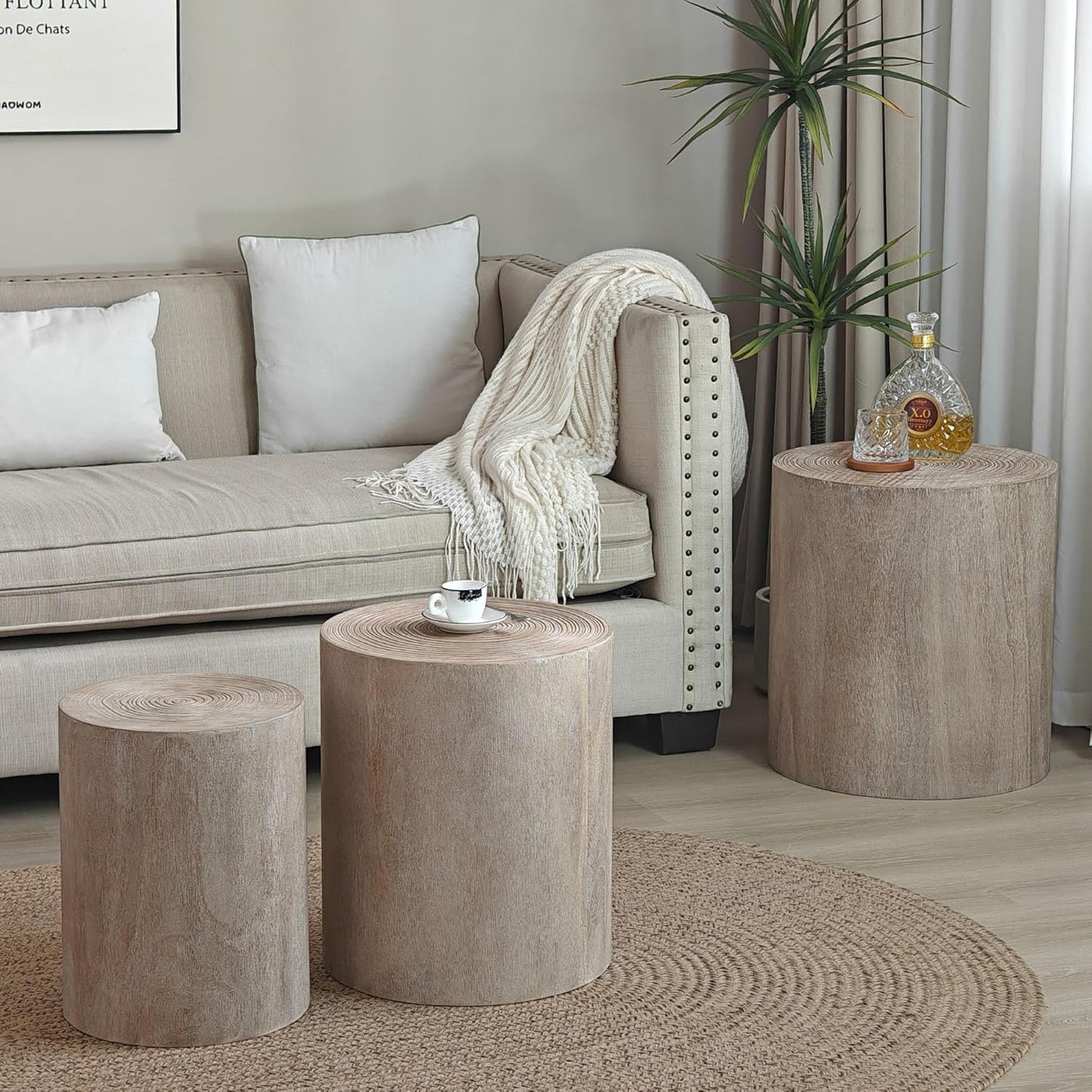 Round Nesting Coffee Table Set of 3, Small Pedestal Stand, Modern Circle Coffee Tables, Wooden Accent Side Table End Footstools for Living Room Office Bedroom, Farmhouse, Rustic