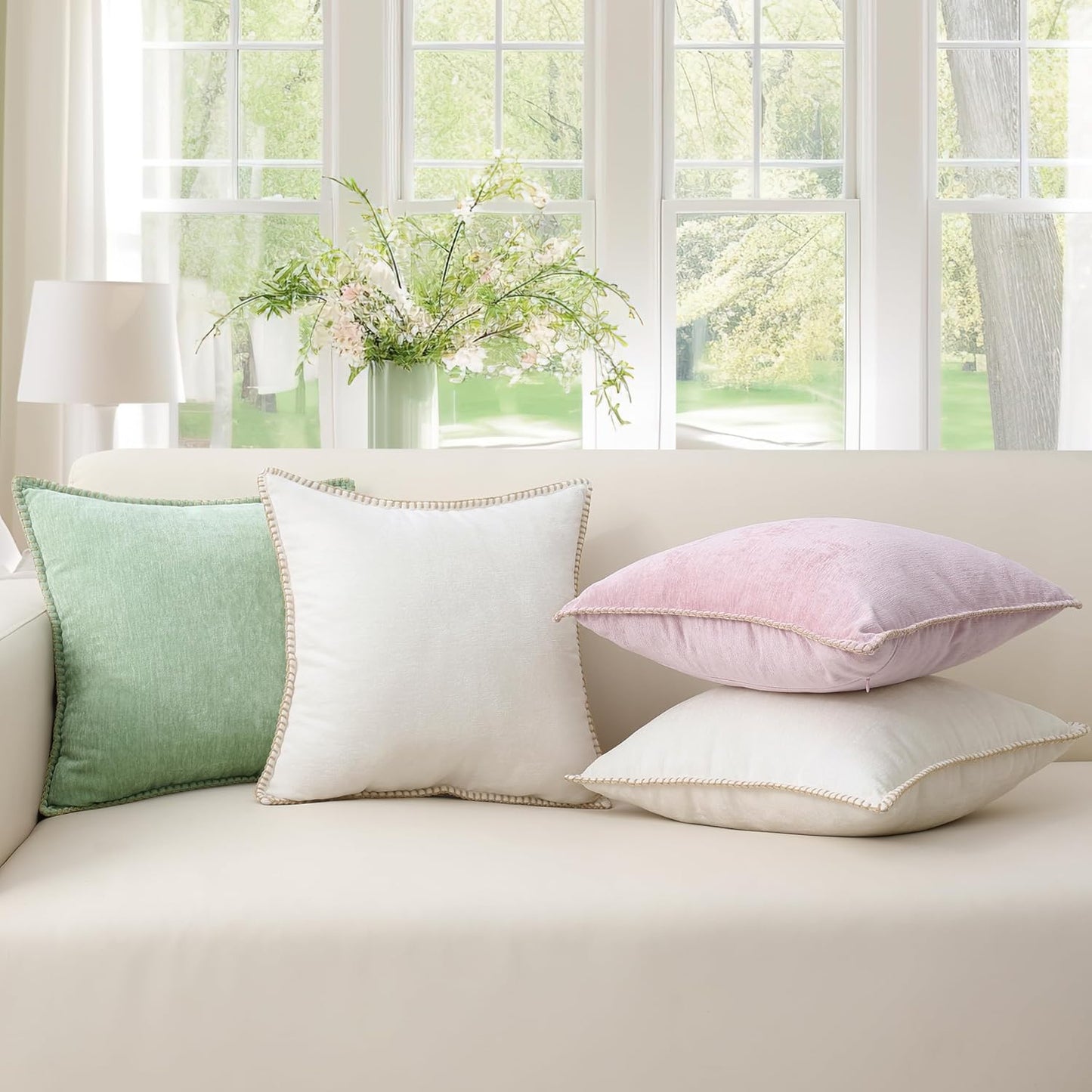 decorUhome Chenille Soft Throw Pillow Covers 18x18 Set of 2, Farmhouse Velvet Neutral Decorative Euro Pillow Covers with Stitched Edge for Couch Sofa Bed Home Decor, Cream White
