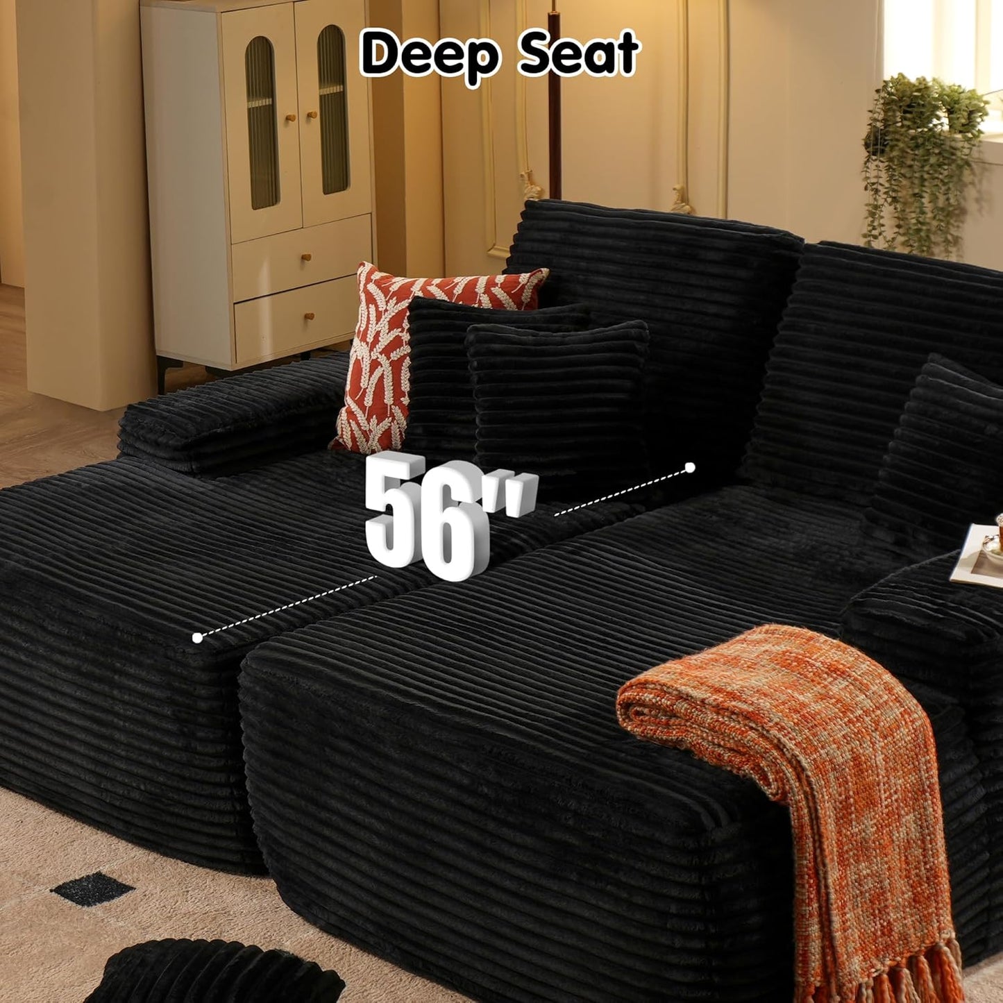 ovios 81" Oversized Sectional Double Lounge Chaise with Cloud Plush Sofa Bed, No Assembly Required, Fluffy Modern Sleeper Loveseat Chair for Indoor Living Room Bedroom Reading, Black (Plush Fabric)
