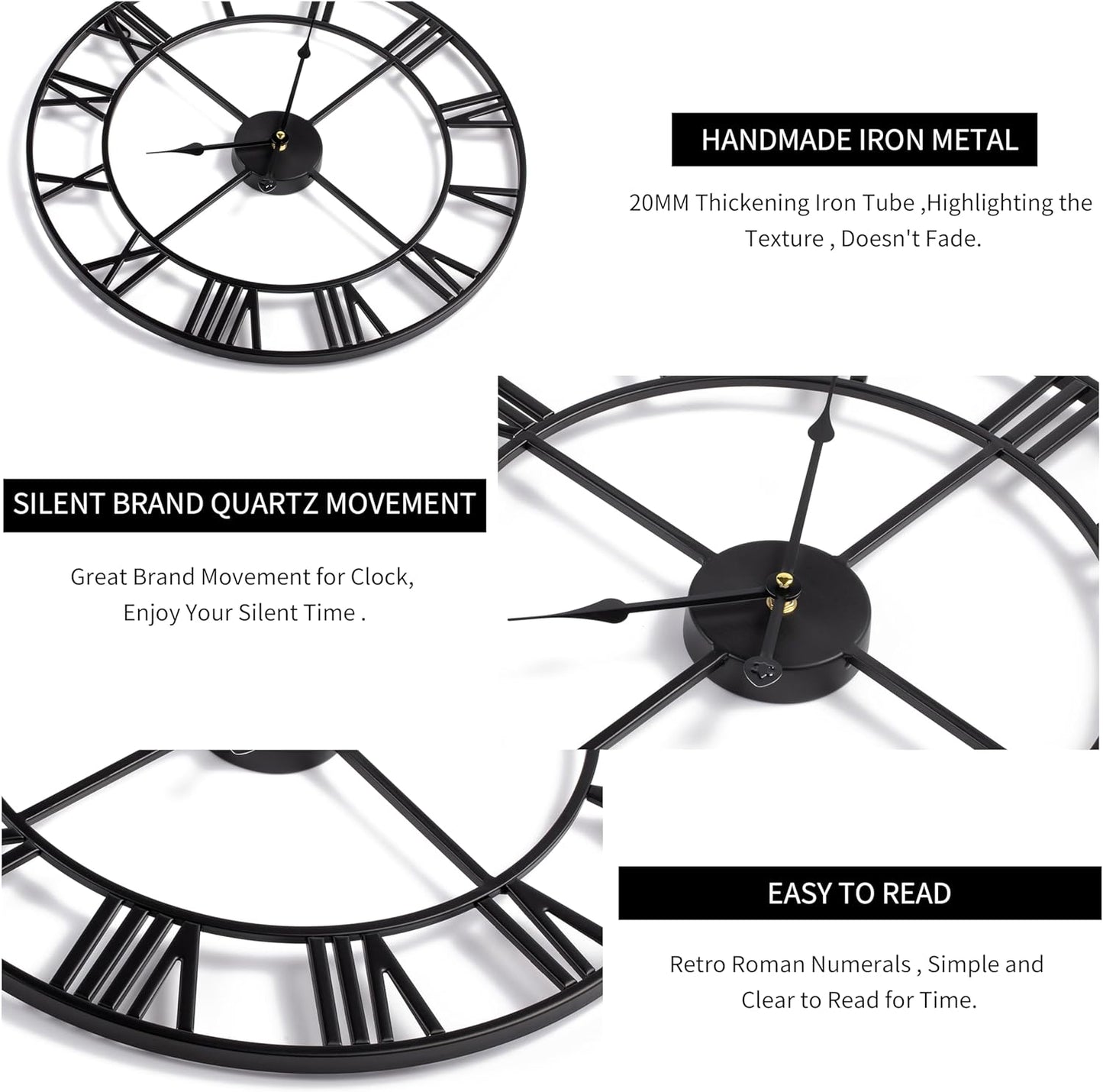 LEIKE 16" Large Wall Clocks Battery Operated, Round Modern Silent Non-Ticking Black Metal Wall Clock for Living Room Decor, Bedroom Kitchen (40cm Diameter, Black Roman Number)