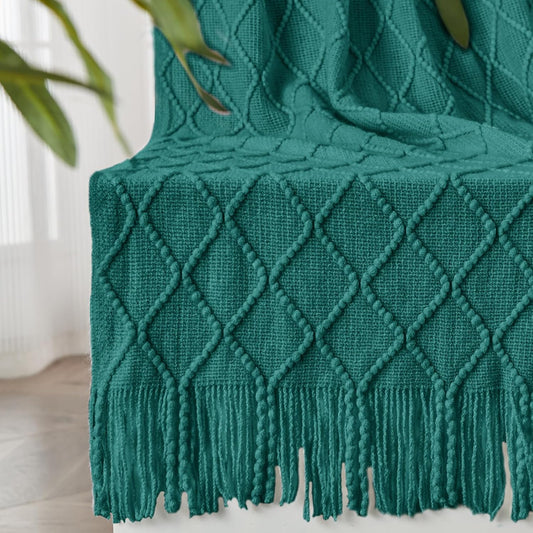inhand Knitted Throw Blankets for Couch and Bed, Soft Cozy Knit Blanket with Tassel, Blue Lightweight Decorative Blankets and Throws, Farmhouse Warm Woven Blanket for Men and Women, 60"x80"