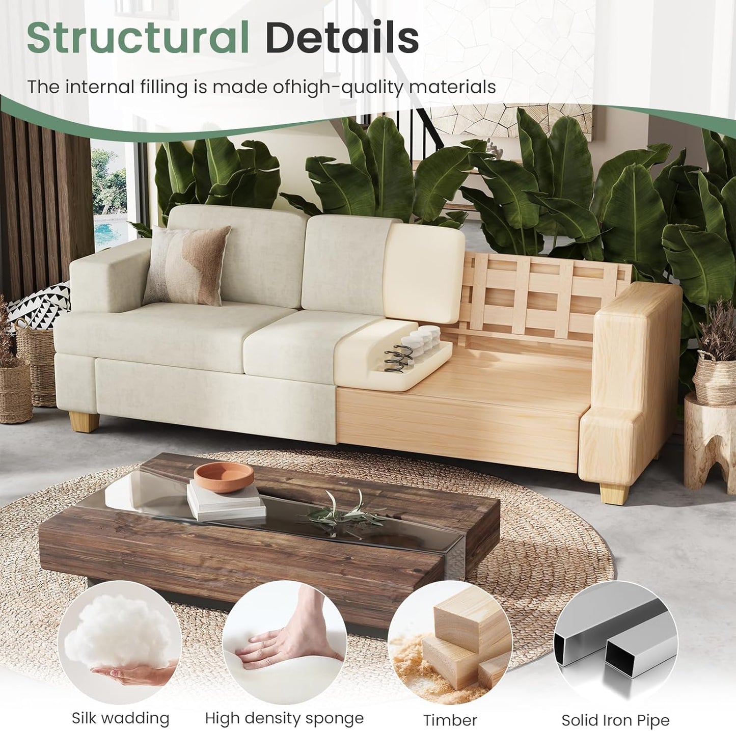 2 Piece Set Comfy Sofa Couch, 2 3-Seater Sofa with Deep Seats, Modern Sleeper Couch for Living Room, Beige Chenille