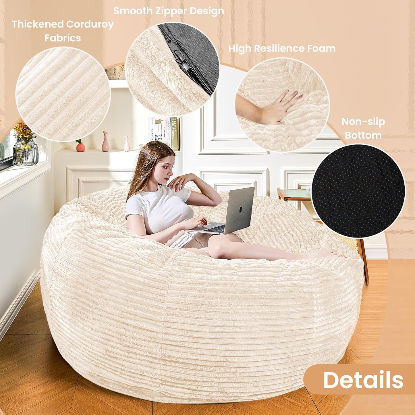 Large Bean Bag Chair, 5FT Giant Beanbag Chairs with Memory Foam Filled, Bean Bag Chairs for Adults, Ultra Soft Lazy Sofa for Living Room Bedroom (White)