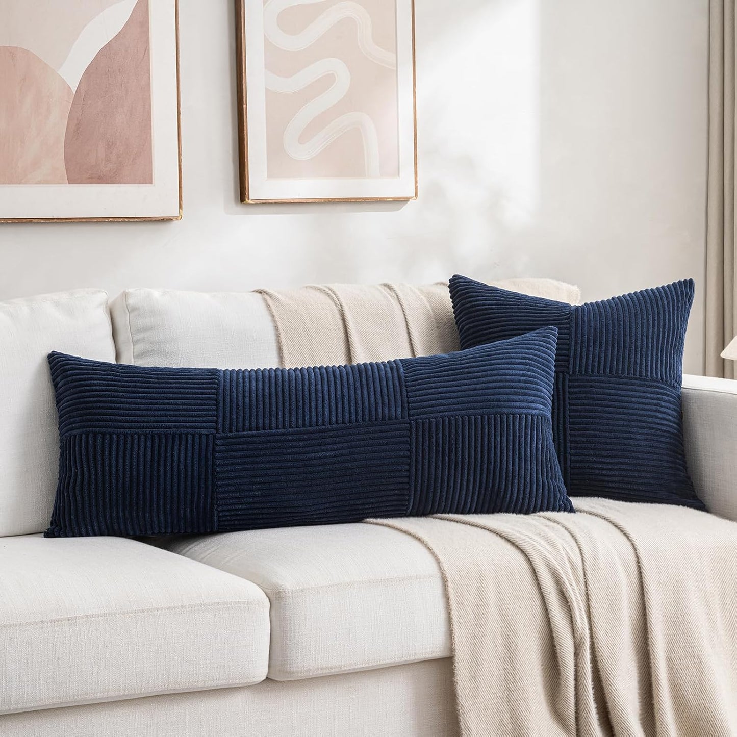 Fancy Homi 2 Packs Navy Blue Decorative Throw Pillow Covers 20x20 Inch for Living Room Couch Bed Sofa, Rustic Farmhouse Boho Home Decor, Soft Corss Corduroy Patchwork Accent Cushion Case 50x50 cm
