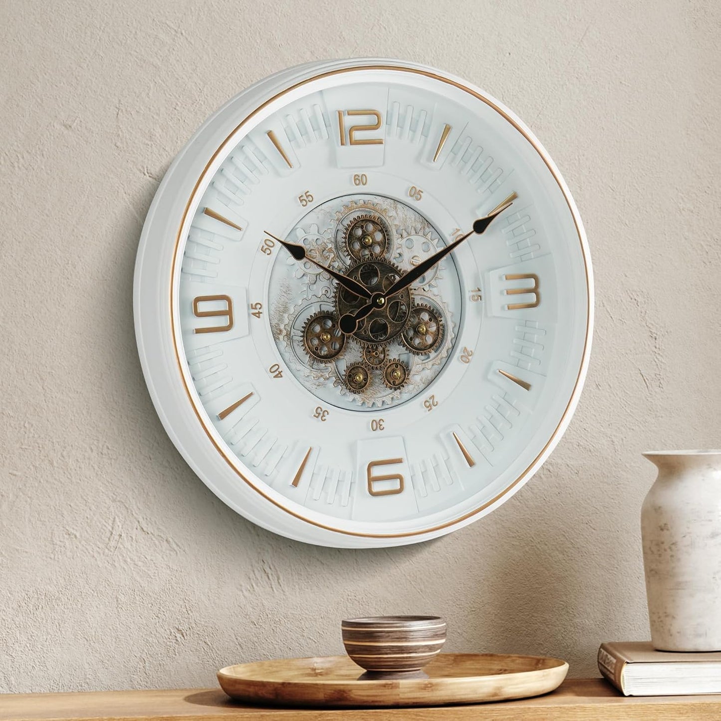 Maxstar Large Vintage Moving Gear Wall Clock, 20''Battery Operated Industrial Steampunk Metal Decor for Living Room, Office,Fireplace, Farmhouse(Arabic Number-Platinum Coating)