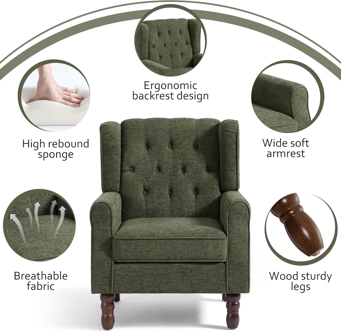 Lumibee High Back Accent Chair Set of 2,Upholstered Wingback Armchair with Solid Wood Legs for Small Spaces,Comfy Single Sofa Chair for Living Room,Bedroom,Office-Green