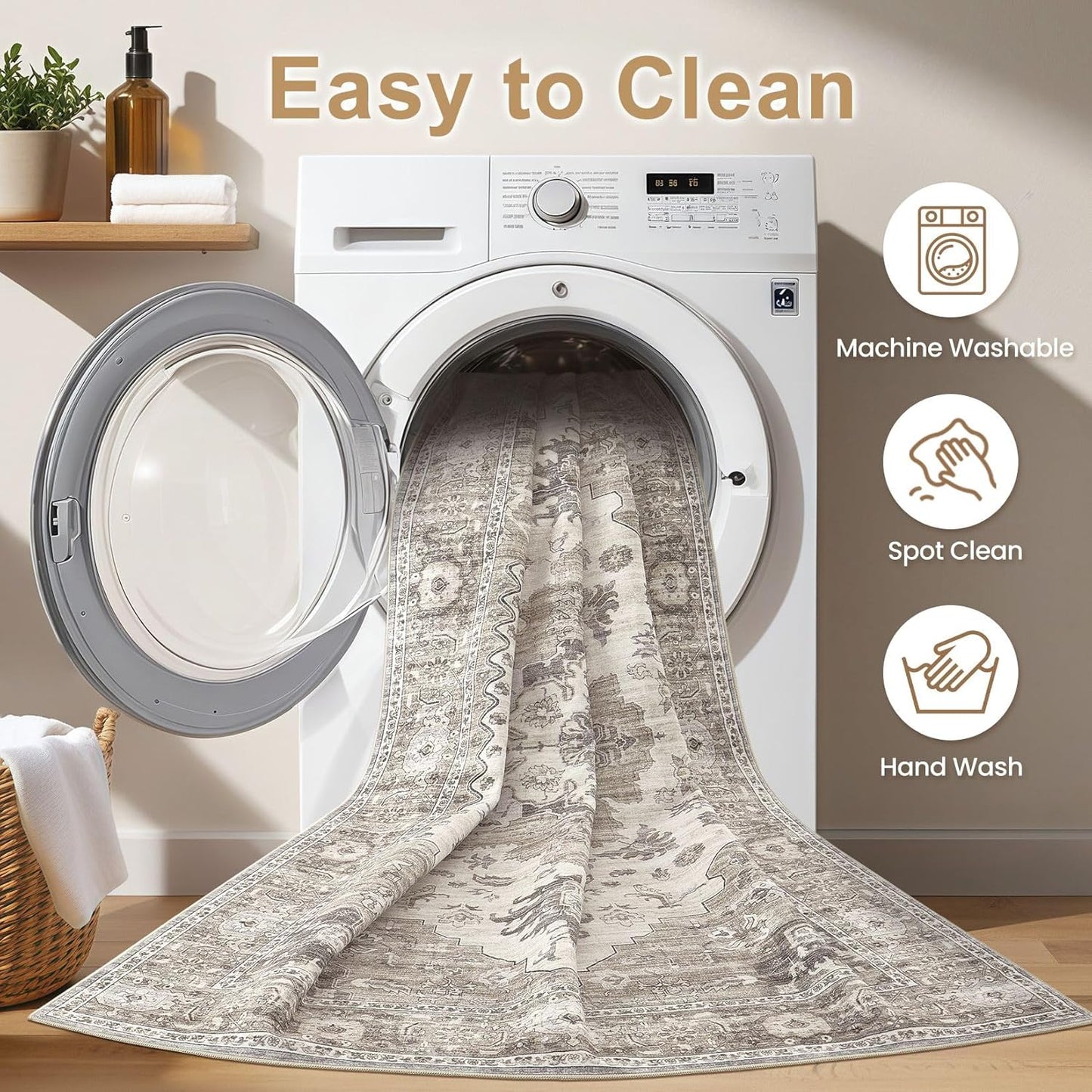 Washable Area Rugs for Living Room -8x10 Neutral Vintage Distressed Floral Farmhouse Boho Large Soft Floor Rug Indoor Non Slip Carpet for Living Room Bedroom Dining Room Office-Brown/Beige