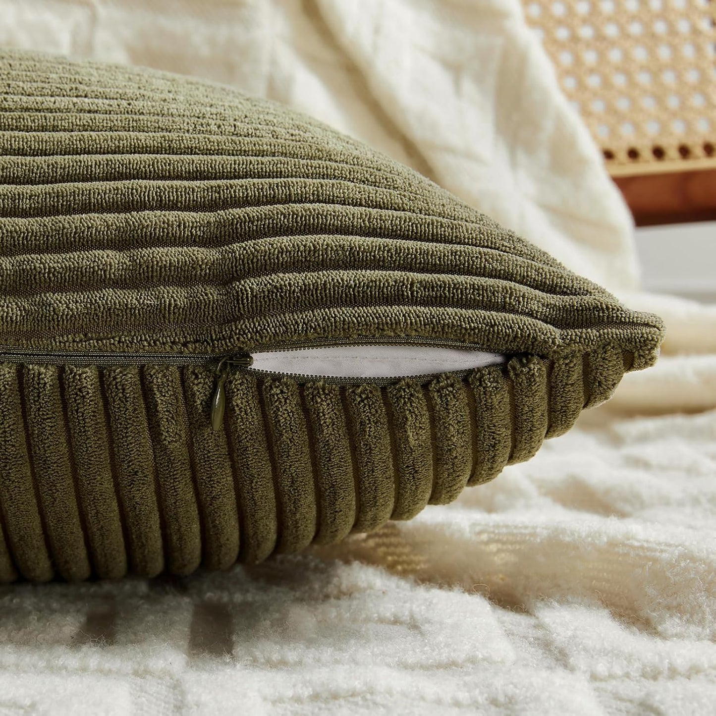 Fancy Homi 2 Packs Olive Green Euro Decorative Throw Pillow Covers 28x28 Inch Room Couch Bed, Rustic Farmhouse Boho Home Decor, Soft Corss Corduroy Patchwork Textured Cushion Case 71x71 cm