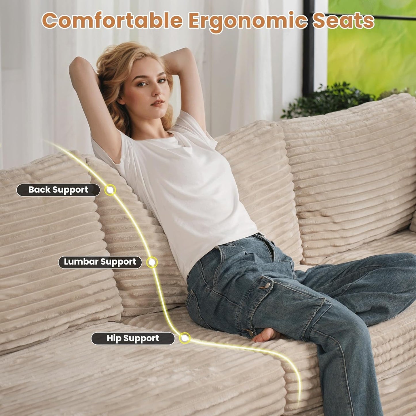 ovios Sectional Sofa Couch with L-Shape Chaise Convertible, Comfy Modular Cloud Couches with Deep Seat, Modern Upholstered Plush Corduroy Sofas Set for Living Room, 5-Seater, Beige