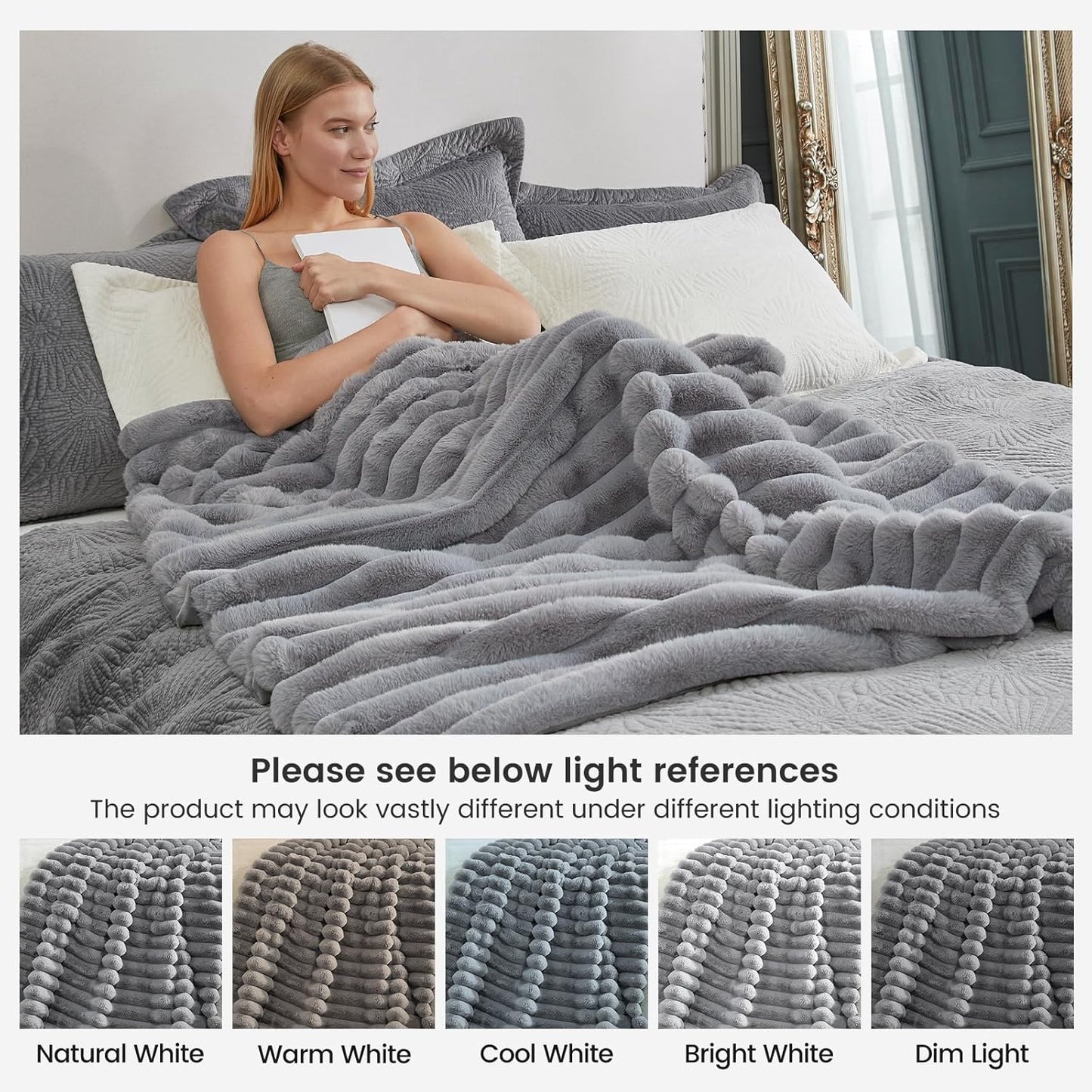 Cozy Bliss Faux Fur Throw Blanket for Couch, Cozy Warm Plush Striped Blanket for Sofa Bedroom Living Room,50 * 60 Inches Grey