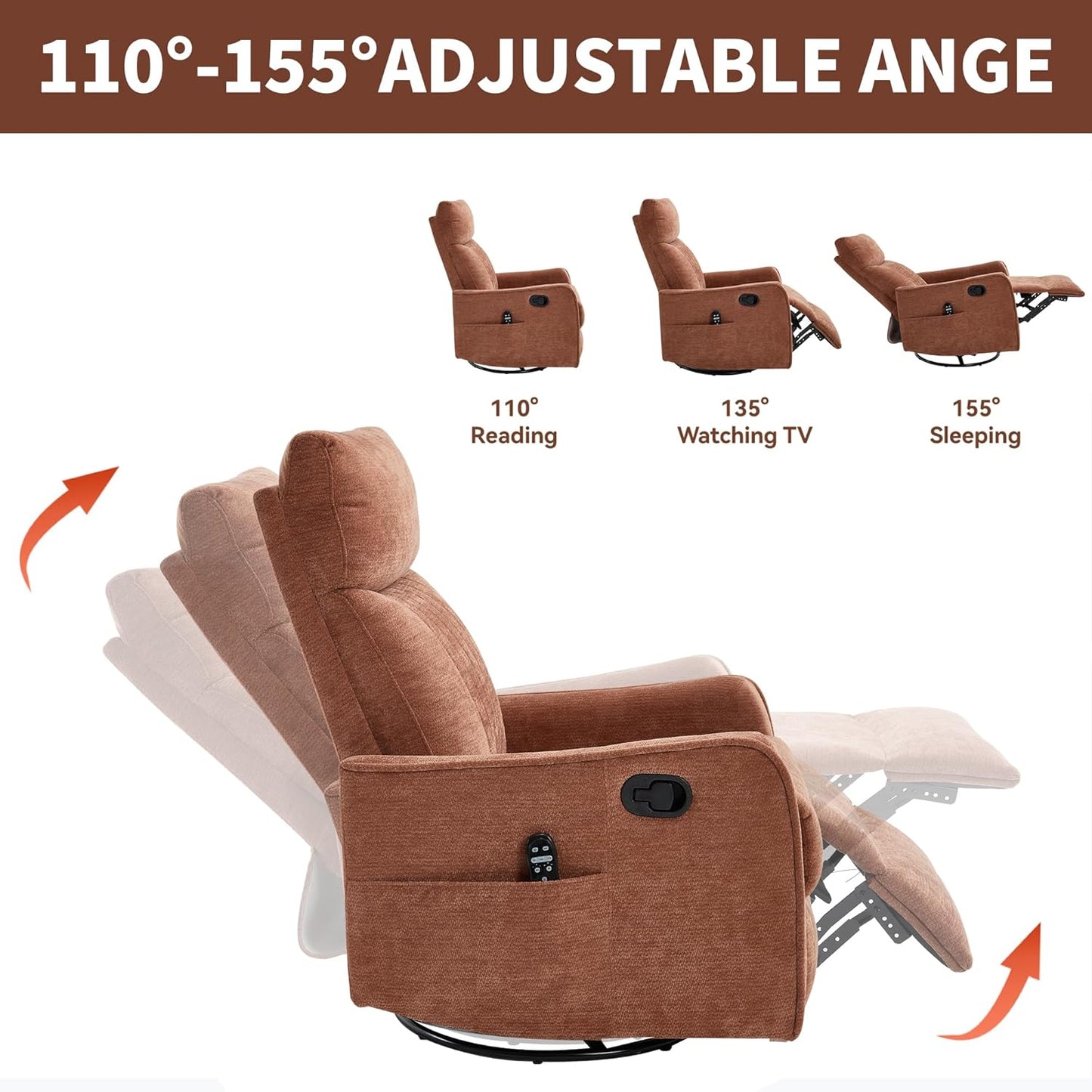Manual Swivel Rocker Recliner Chair for Adults, Overstuffed Reclining Glider Chair for Nursing with Vibration Massage & Heat, Living Room Rocking Recliner 2-Stage backrest, Chenille Fabric Orange