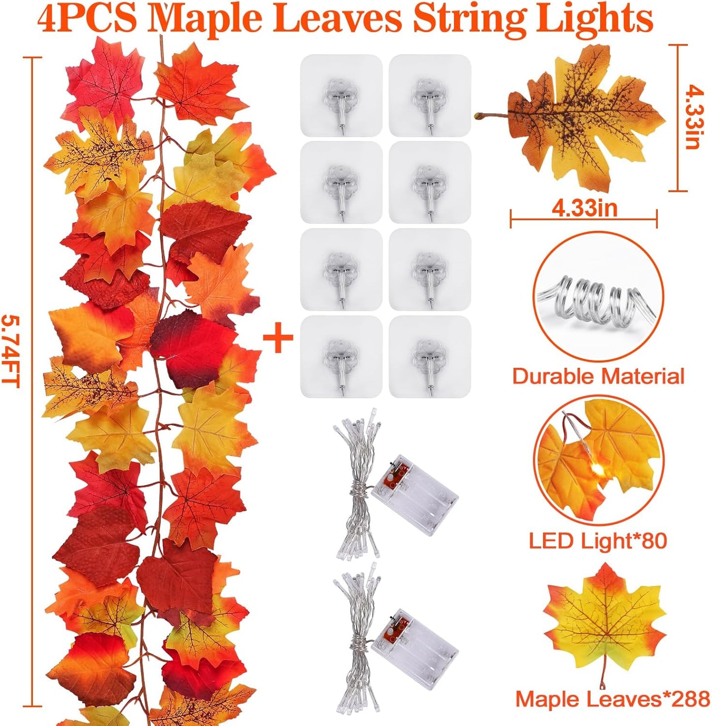 4 Pack Fall Decor Garland - Fall Thanksgiving Decorations for Home - 23.6Ft Maple Leaves Garland with Lights Battery Operated for Mantle Fireplace Table Indoor Outdoor Autumn Halloween Christmas Decor