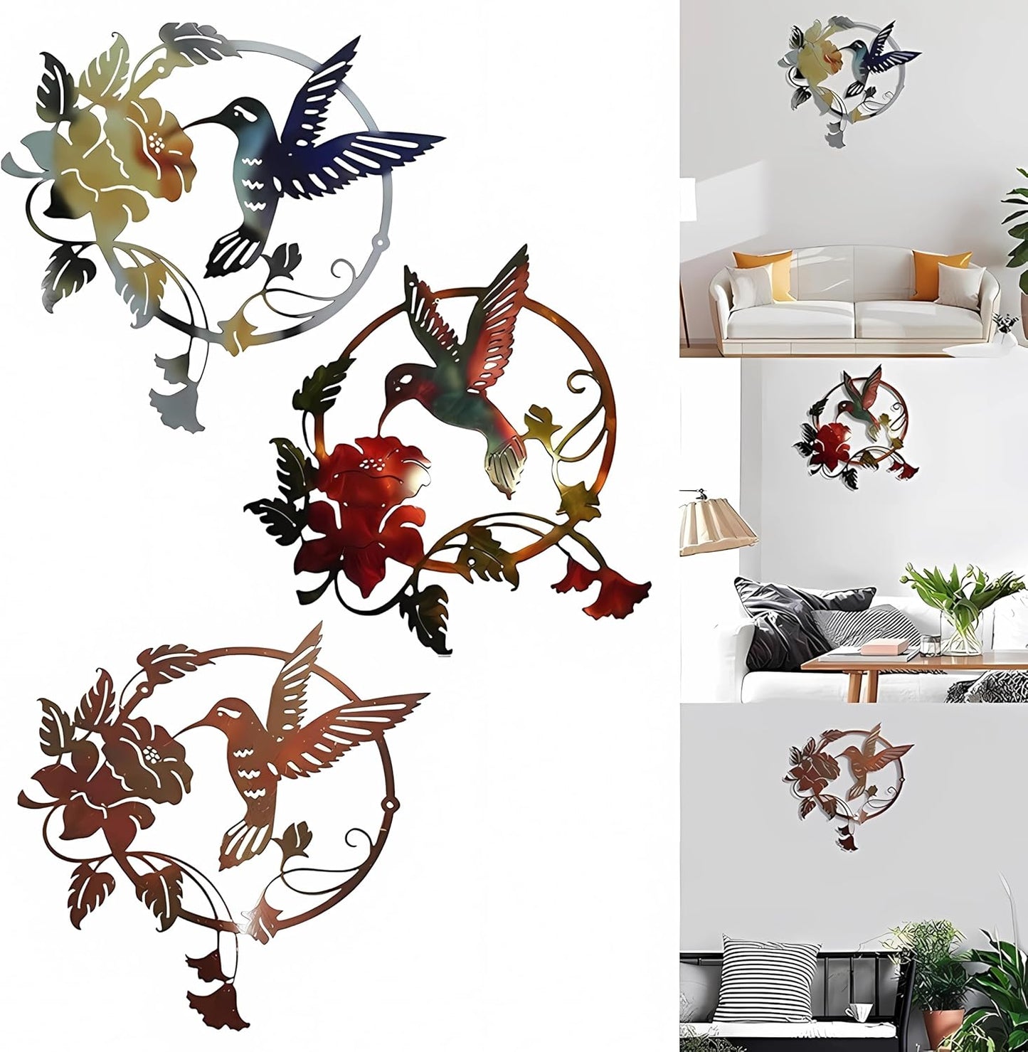 Zoihet Round Metal Bird Wall Art Decor - Hummingbird Wall Art Silhouette for your patio, garden, and fence Art Decor, Bird Wall Silhouette Indoor and Outdoor Hanging (Yellow)