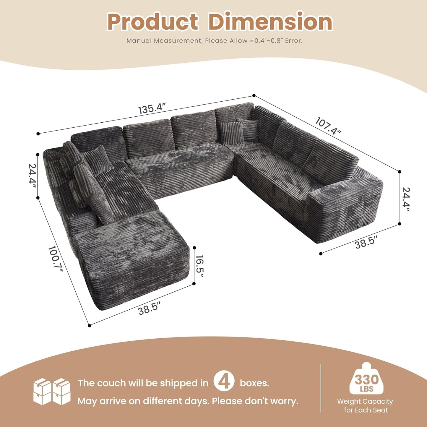 HOOOWOOO Cloud Sectional Couches for Living Room,Modular Sectional Sofa No Assembly,136X108 Inch Plush Corduroy Large U Shaped Floor Couch Set with Deep Seat Ottoman(Gray)