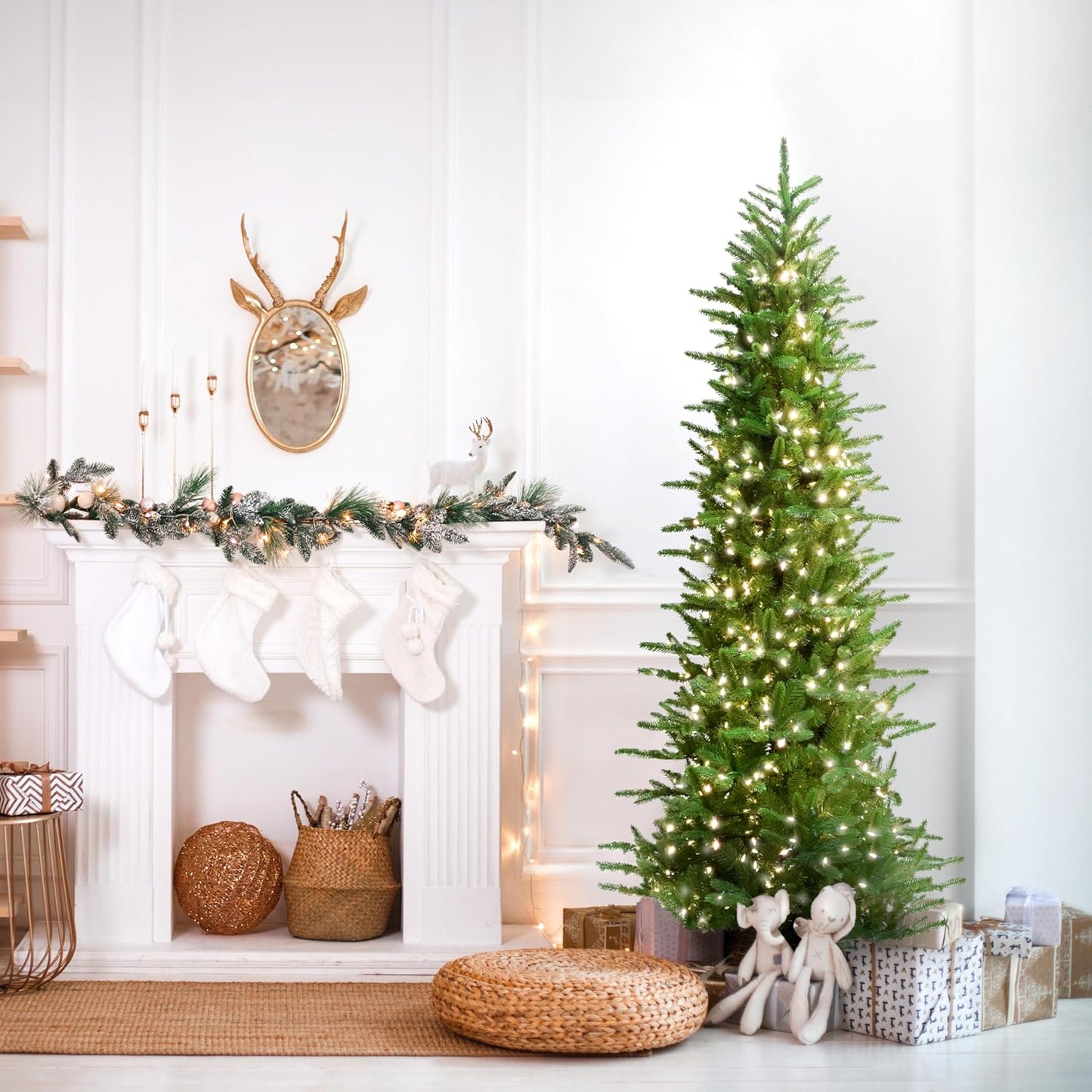 Fraser Hill Farm 6.5-Ft. Carmel Pine Slim Artificial Christmas Tree with White Incandescent Smart Lights and Stand, Prelit Foldable Fake Tree with Realistic Foliage for Home Decoration